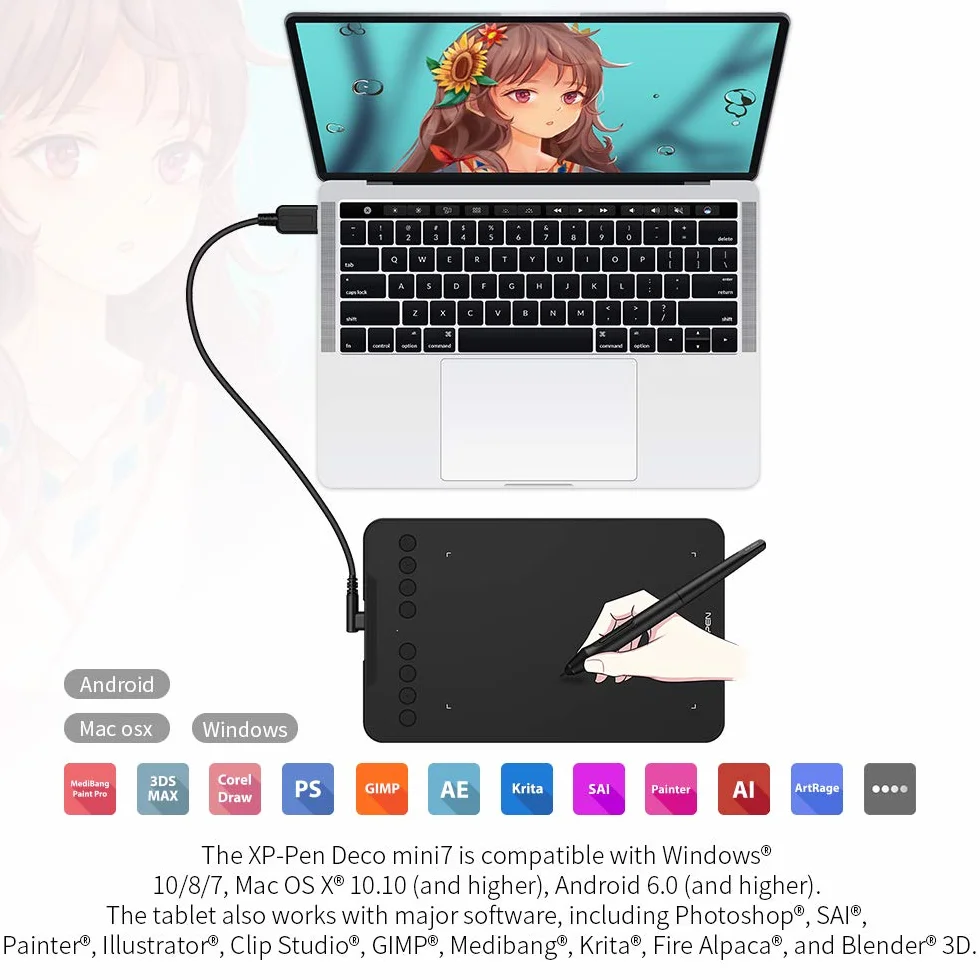 XPPen Deco Mini7 V2 tablet graficzny z długopisem bez baterii 16384 poziomów, do rysowania, OSU Play, kompatybilny z Windows/Mac OS/Android 10.0/Chrome OS