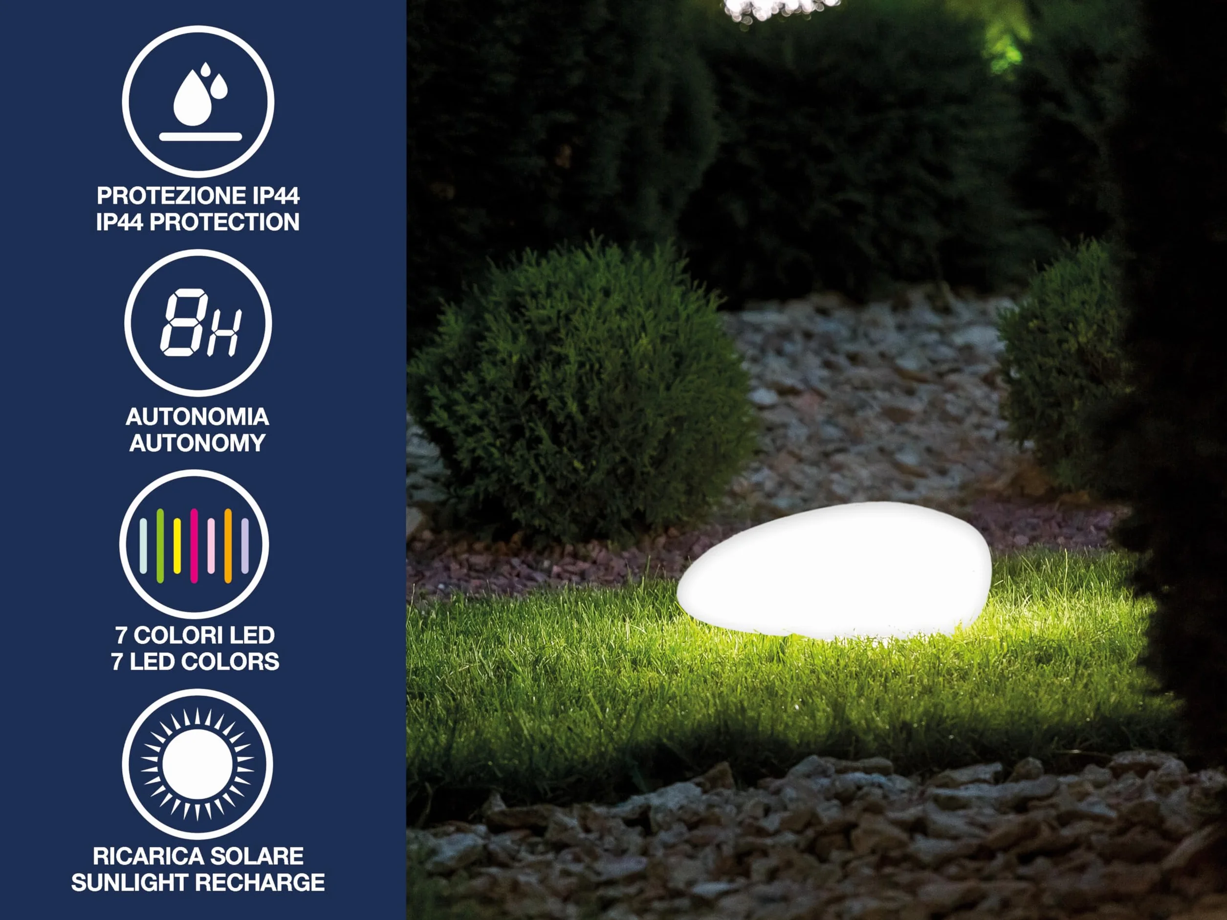 BEPER P207ILO241 Lampa ogrodowa LED RGB zasilana energią słoneczną – automatyczna lampa solarna do użytku zewnętrznego IP44, dekoracyjna lampa w kształcie kamienia lub kuli.