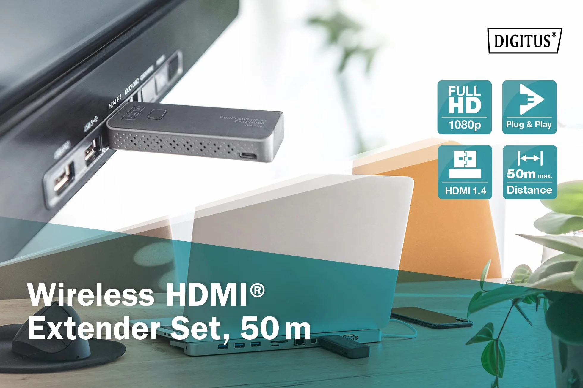 DIGITUS DS-55318 Bezprzewodowy przedłużacz HDMI - Full HD 1080p 60 Hz - Zasięg 50 m - Zestaw: nadajnik i odbiornik - HDMI do HDMI - Plug & Play - HDMI 1.4 i HDCP 1.3