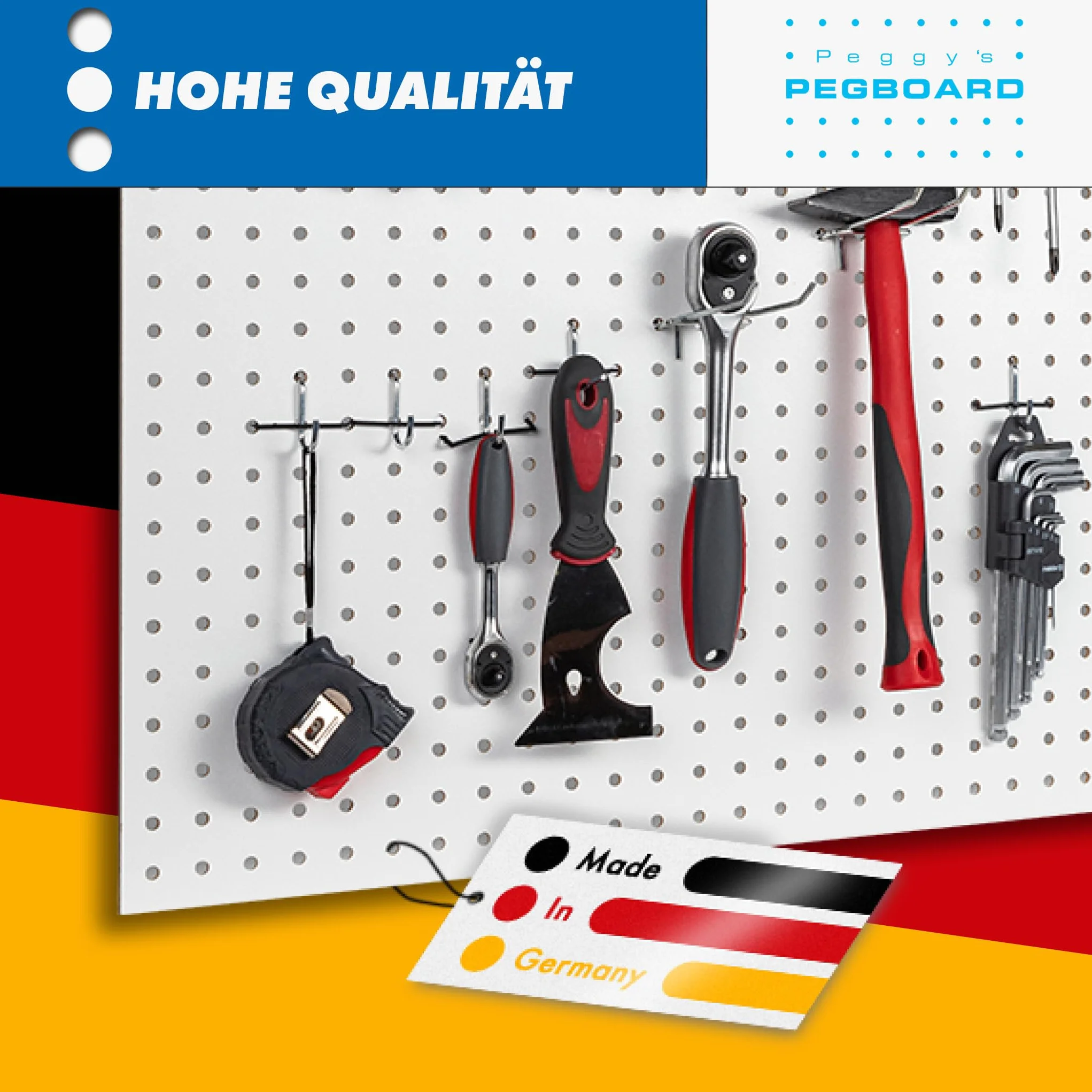 Pegboard MIDI 1 sztuka ściany narzędziowej z drewna (MDF) 100 x 60 x 0,5 cm – otwór Ø 7 mm odstęp między otworami 25,4 mm – lakierowana na biało – Made in Germany
