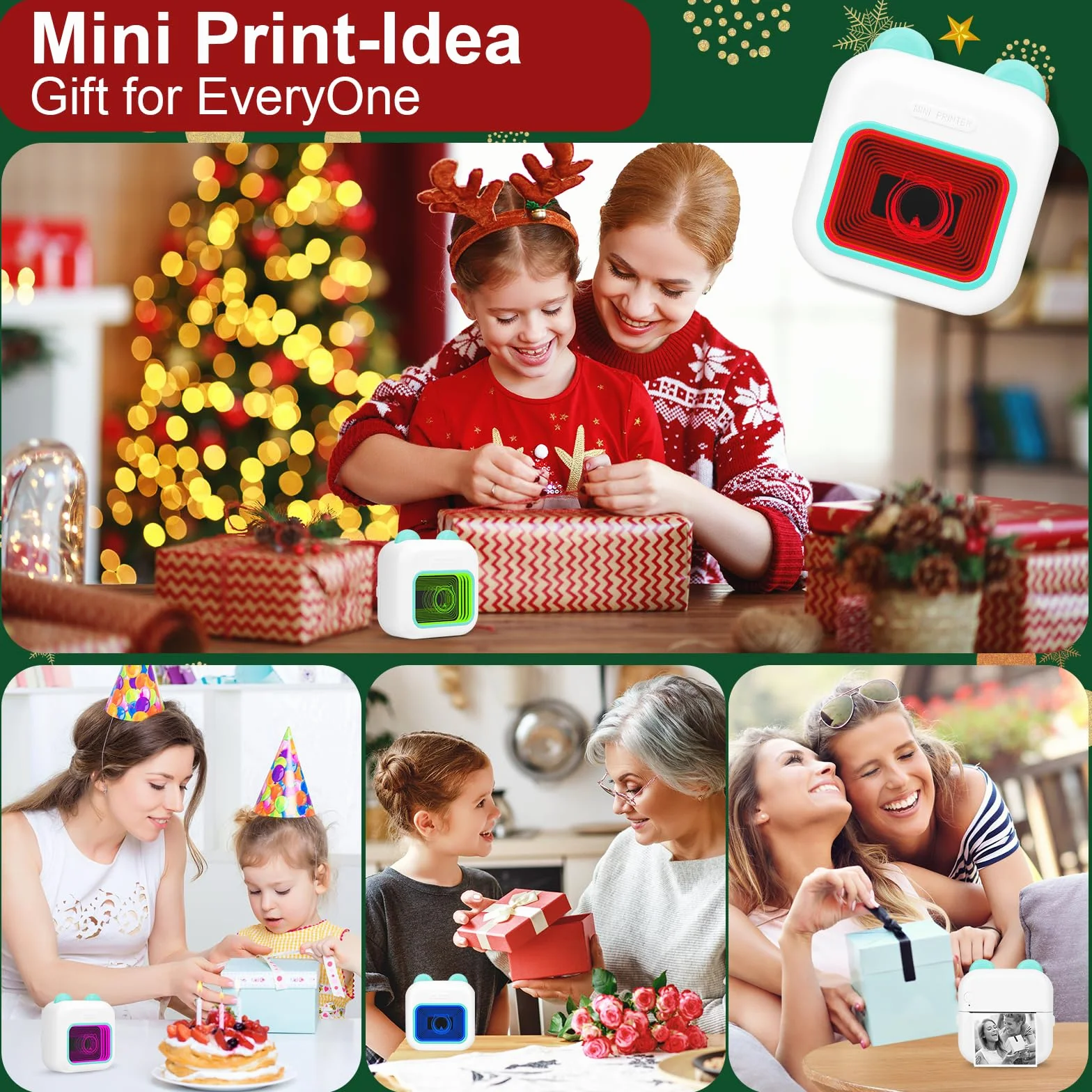 Mini drukarka, mobilna drukarka fotograficzna, przenośna mini drukarka fotograficzna z siedmioma kolorami LED i lustrami, bezprzewodowa drukarka termiczna z 13 rolkami papieru do drukarki,