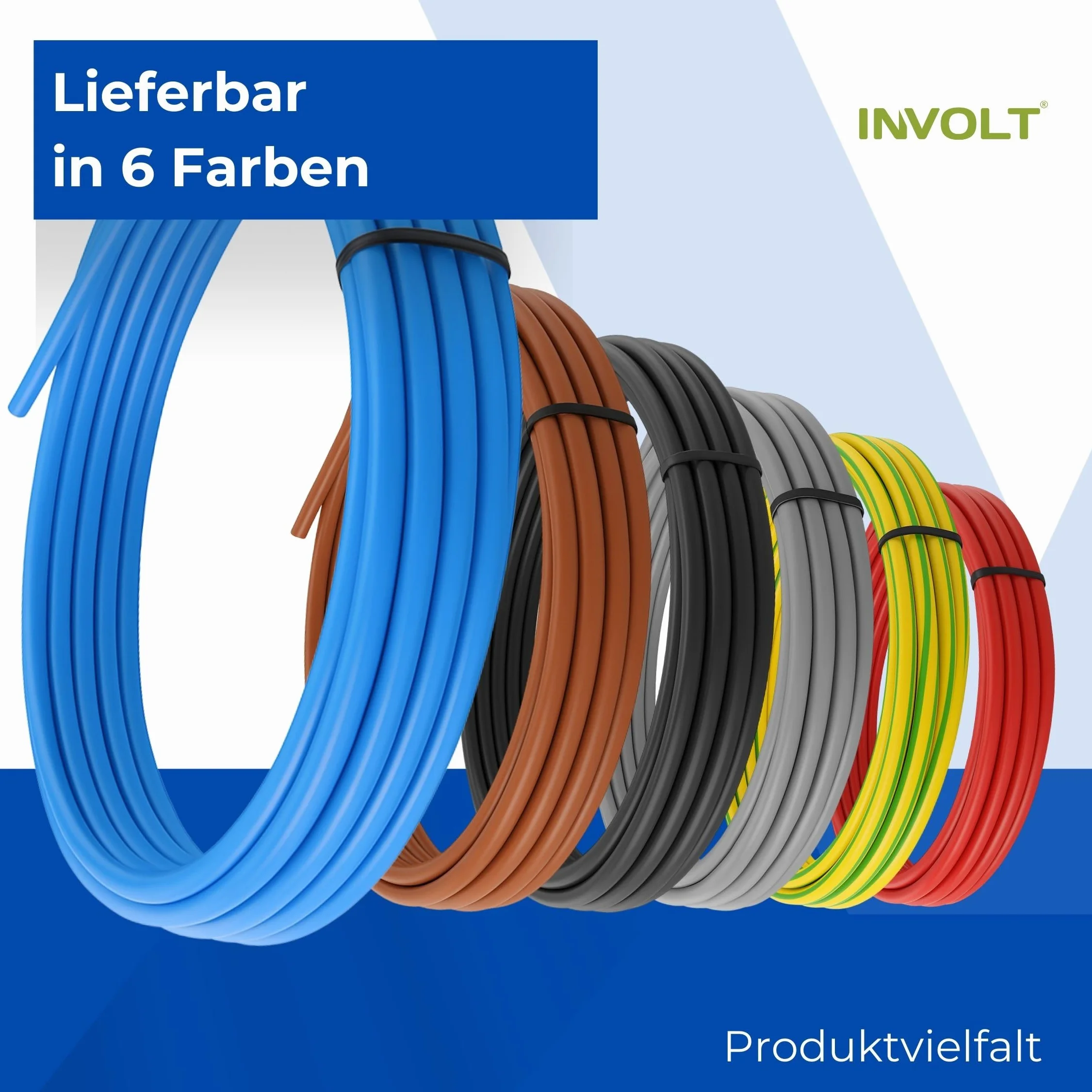 INVOLT H07V-K zestaw przewodów okablowania, 10 mm², 5 pojedynczych żył, czarny/niebieski/brązowy/szary/zielono-żółty, długość 5 m, certyfikat VDE