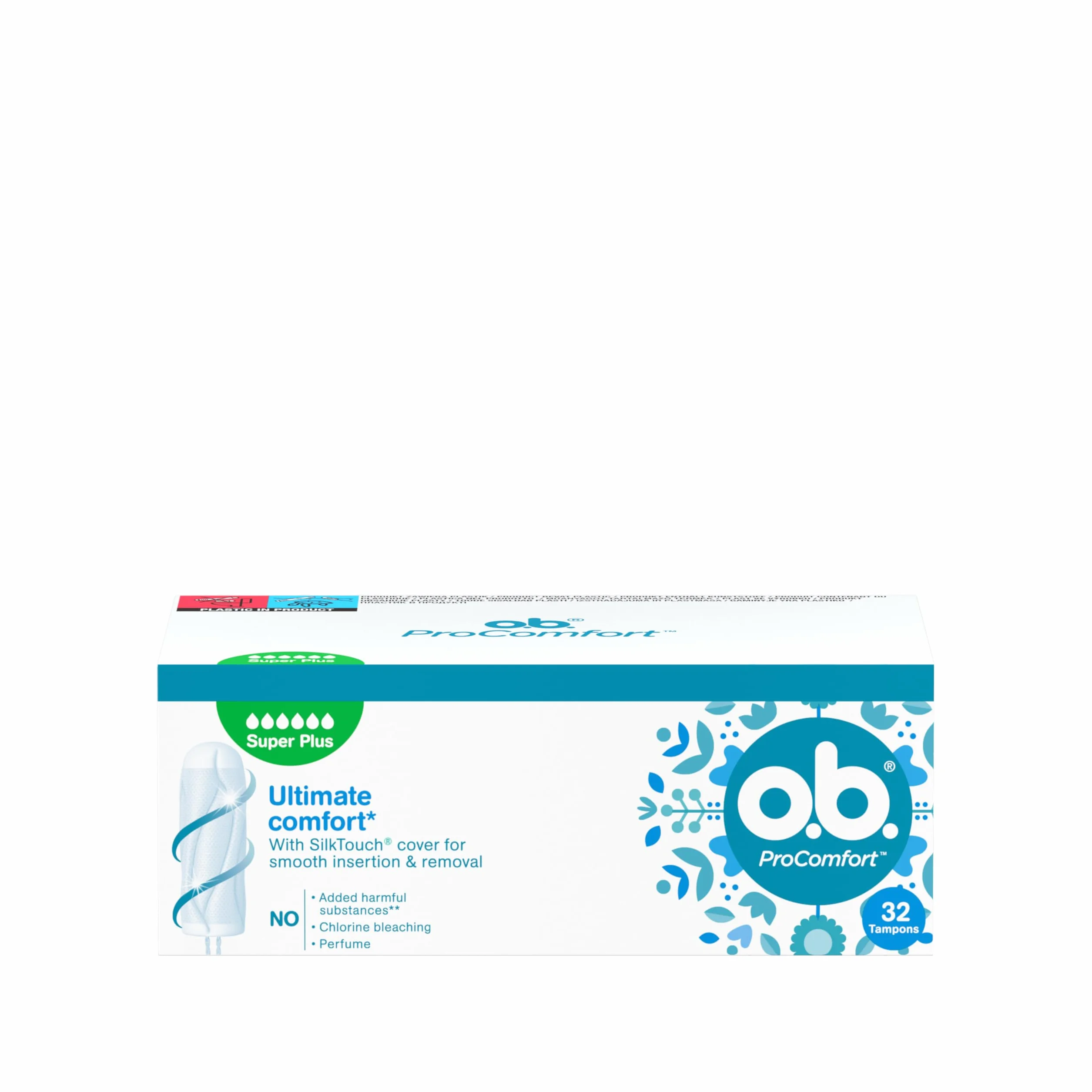 o.b. ProComfort Super Plus Tampony 32 szt., Łatwa aplikacja i usuwanie tamponu, Na bardzo obfite krwawienie, Wnętrze tamponu wykonane w 100% z materiałów pochodzenia roślinnego