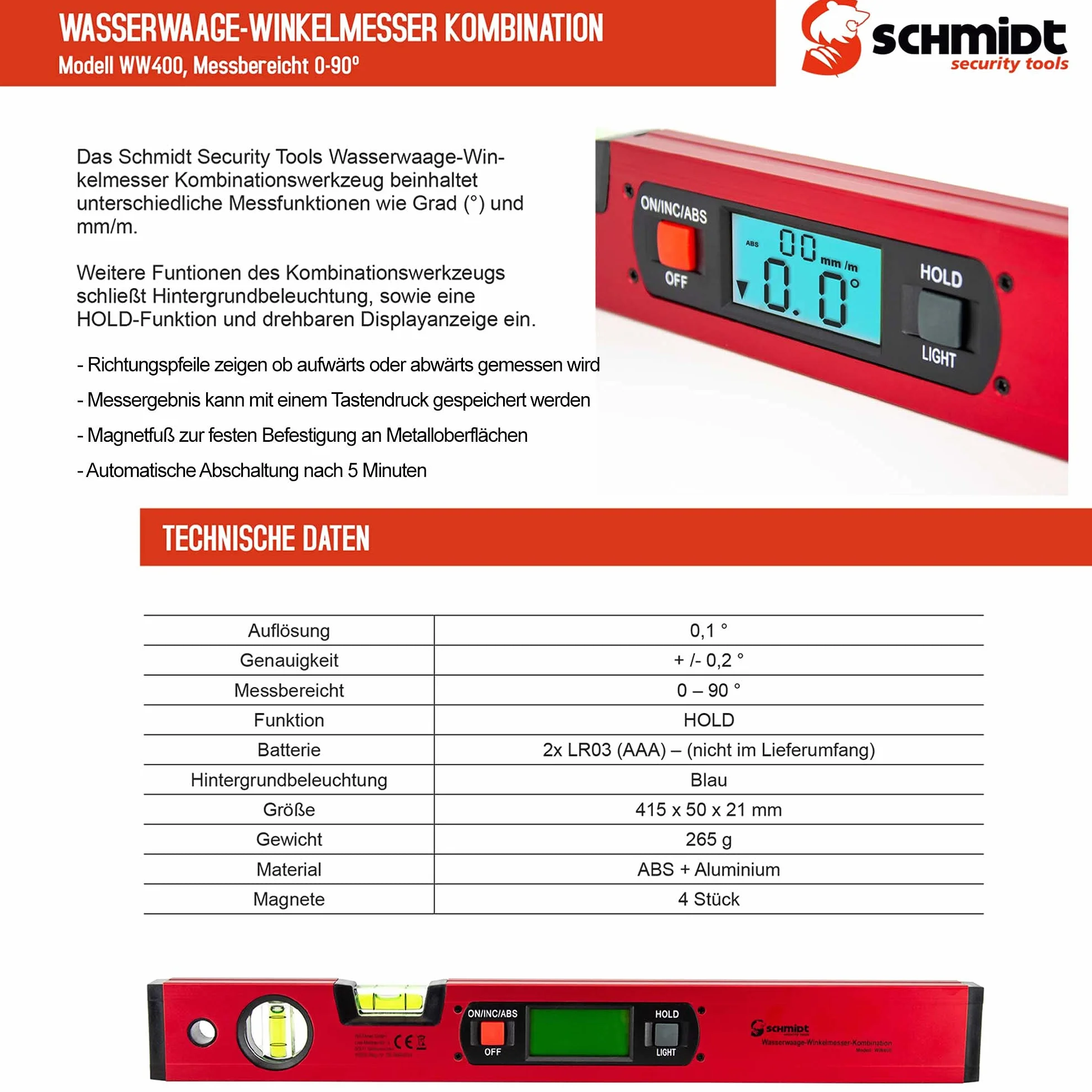 SCHMIDT security Tools Elektroniczna poziomica kątomierza – inklinometr – cyfrowy wyświetlacz LCD – kombinacja – kątowa, skala pionowa i pozioma, skala kątowa – waga magnetyczna