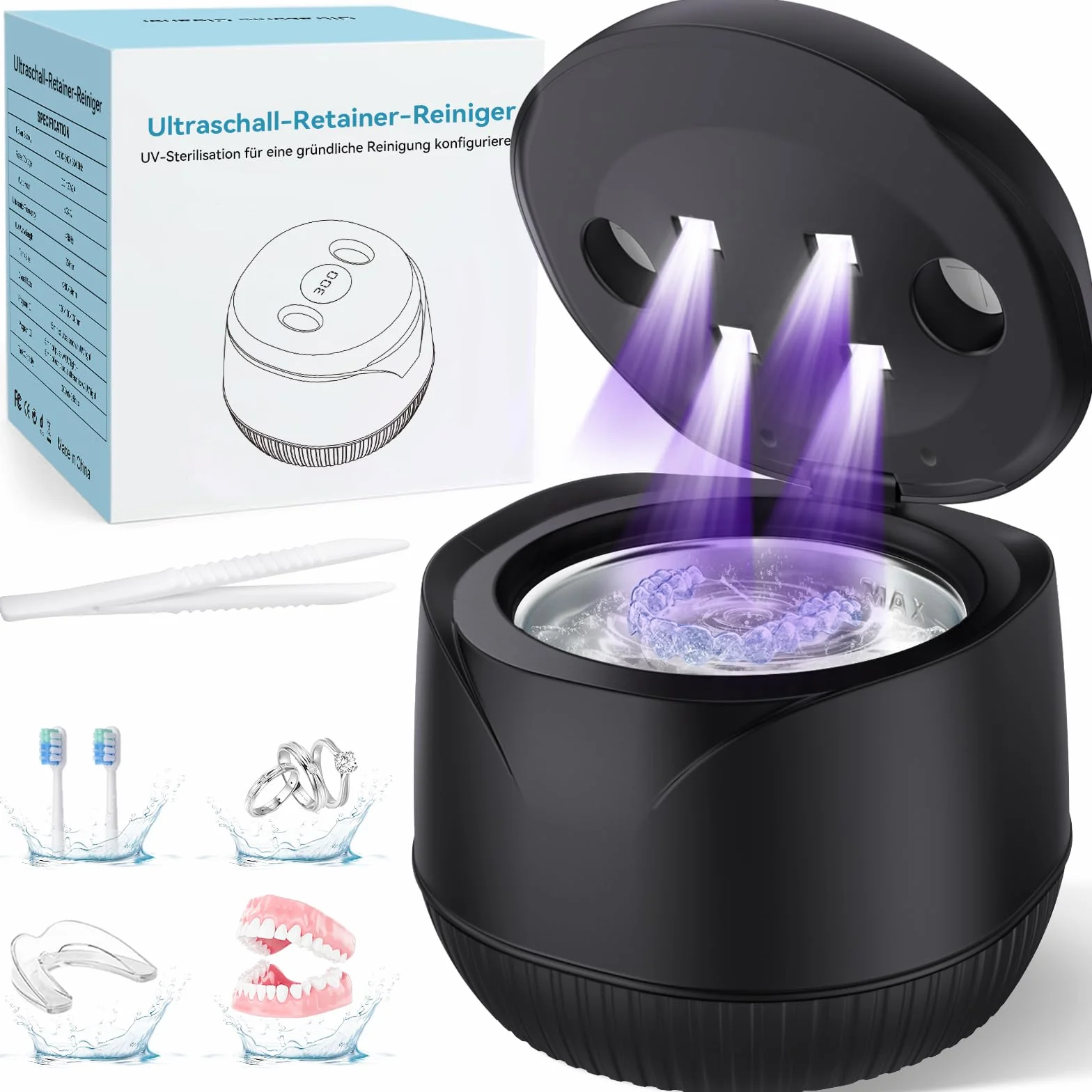 Ultrasoniczne urządzenie do czyszczenia protez, 45000 Hz, 200 ml, ultradźwiękowe urządzenie do czyszczenia protez, protez, protez, biżuterii z cyfrowym timerem (czarne)