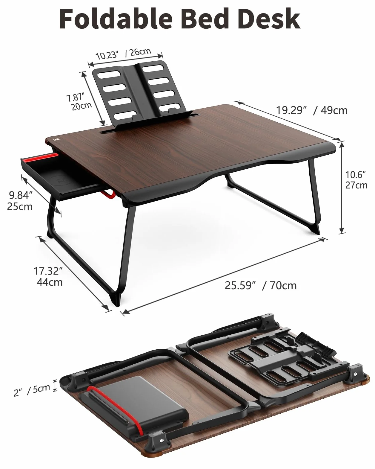 SAIJI Stół składany z szufladą, nośność 40 kg, stolik do łóżka i laptopa