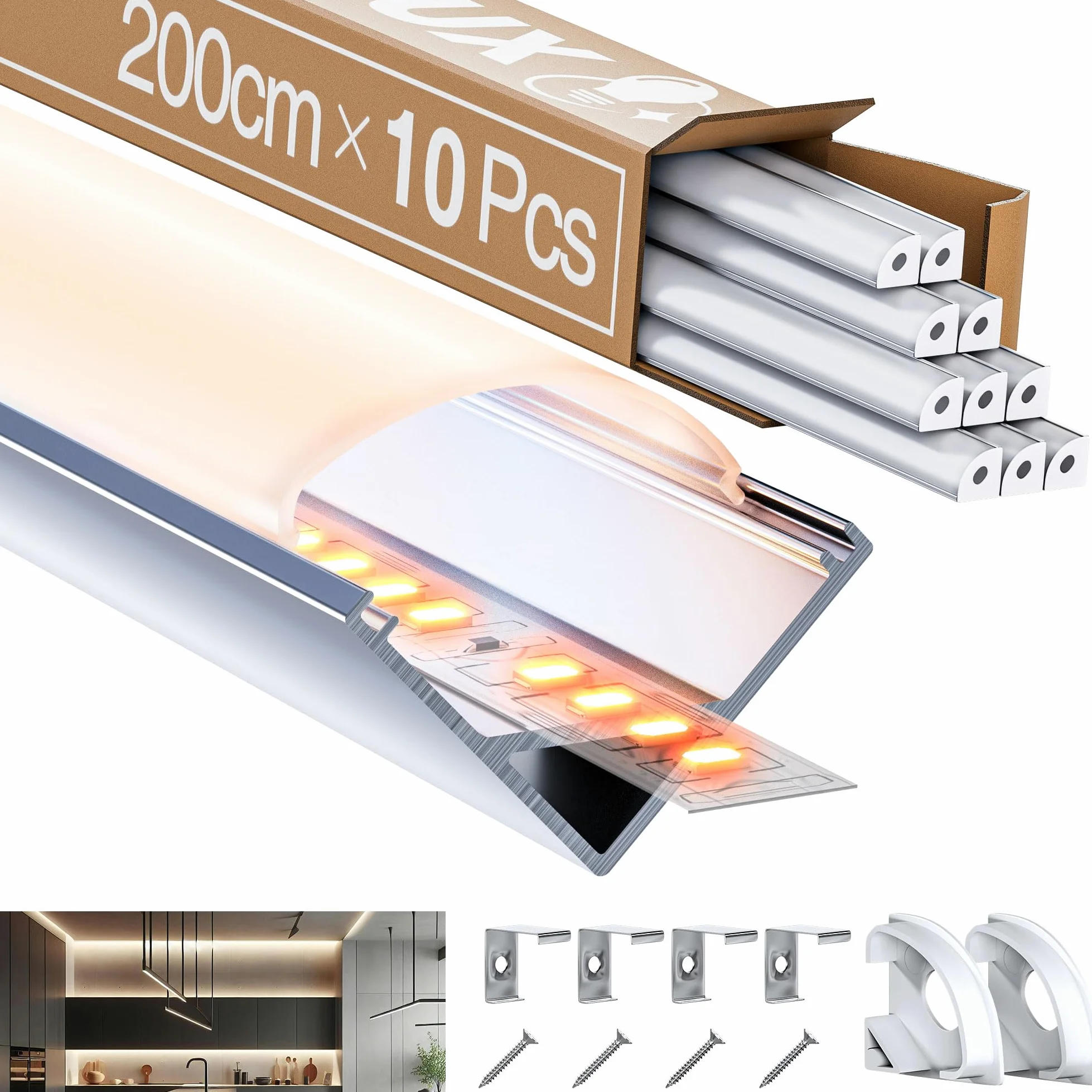 Aluminiowy profil kątowy LED 10 x 2m (20 m) pod kątem 90° do taśm LED do 10 mm z pokrywą PC, mlecznobiałą, metalowymi końcówkami i klipsami montażowymi