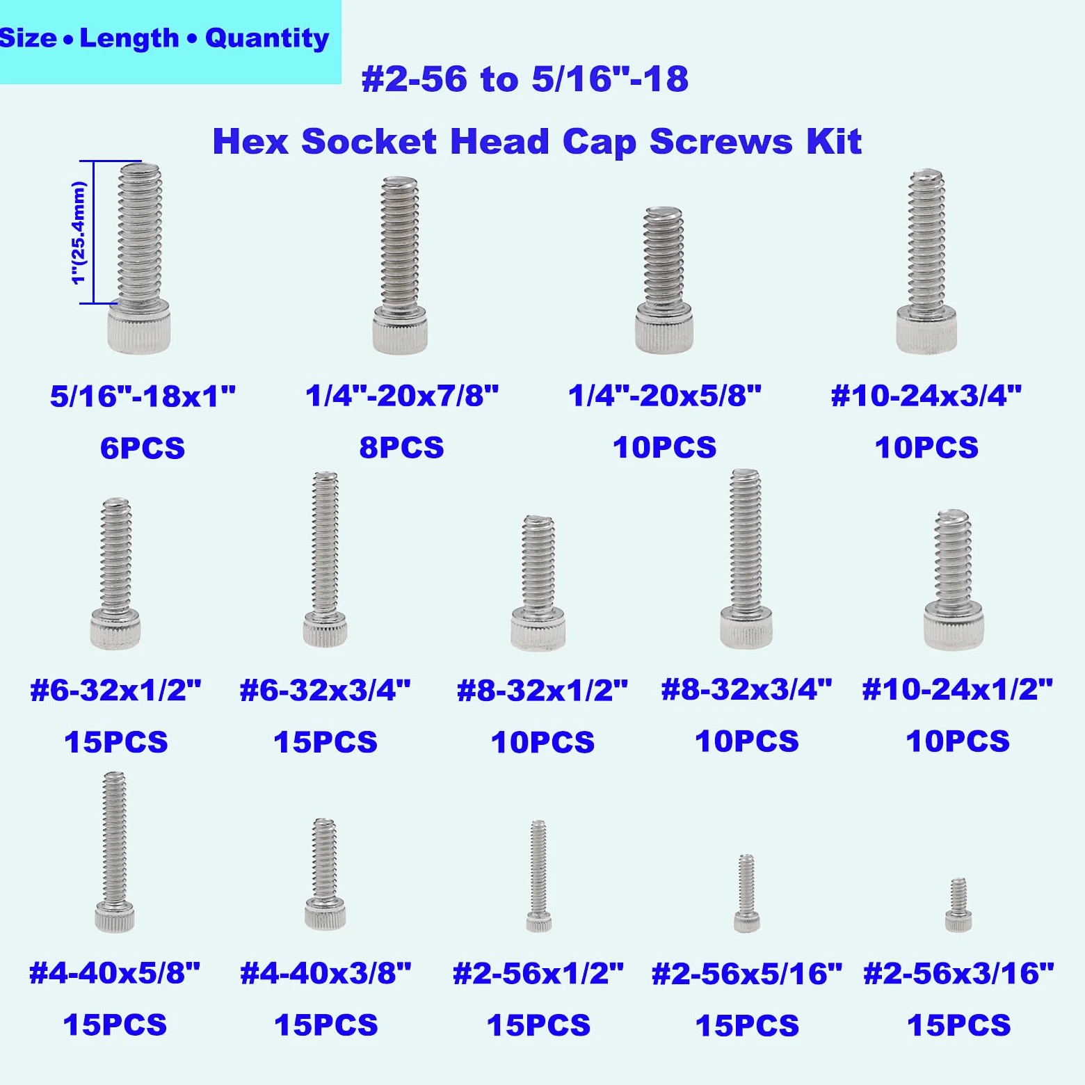 #2-56 do 5/16"-18 UNC zestaw śrub z łbem sześciokątnym ze stali nierdzewnej
