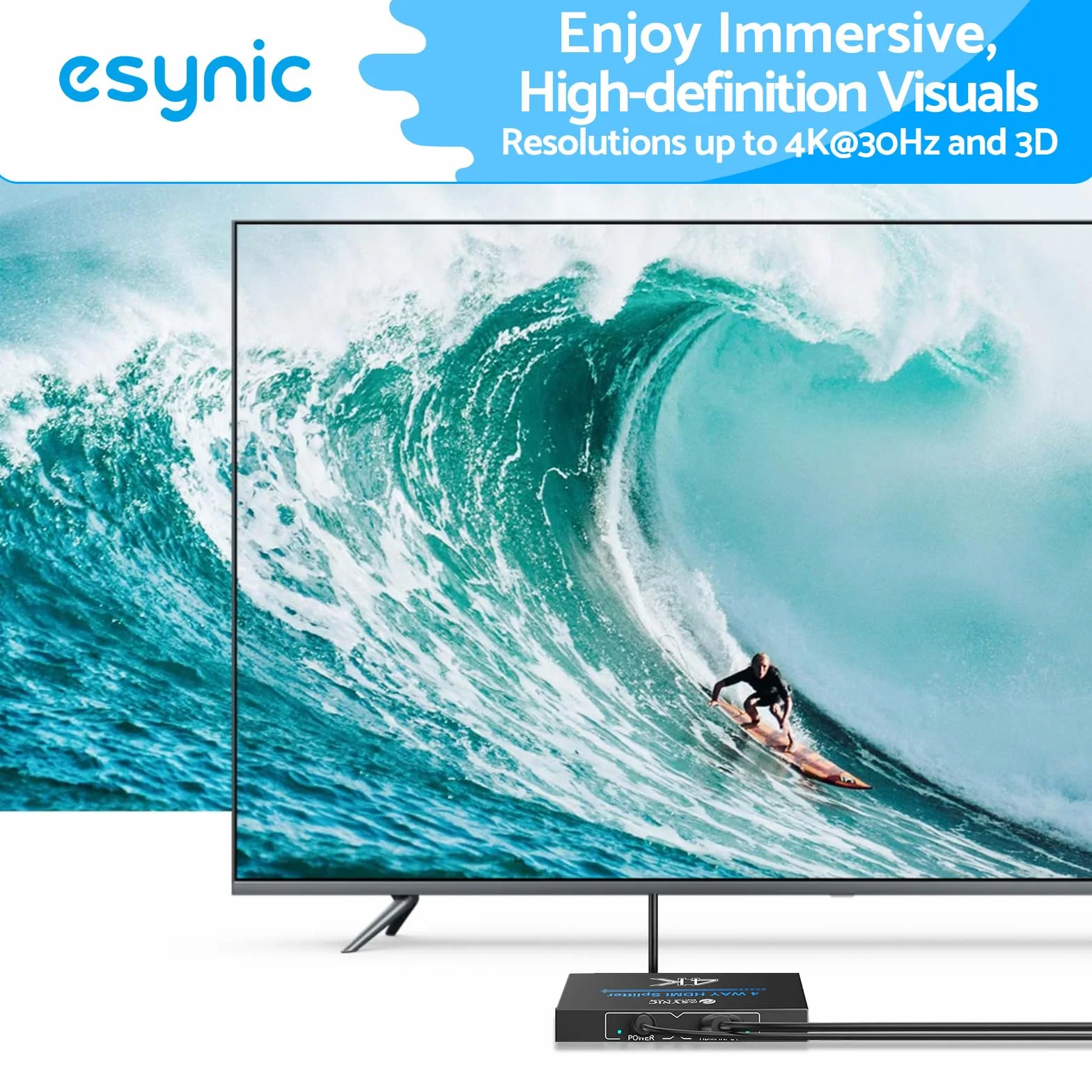 eSynic Rozdzielacz HDMI 1 w 4 4K 30 Hz 3D z 1m Kabel HDMI HDCP 1.4 Bypass 1X4 metalowa obudowa