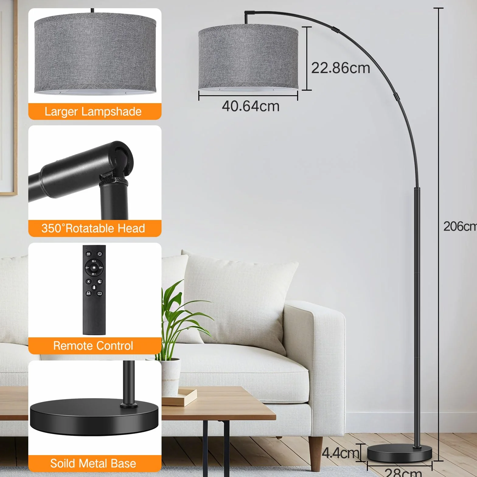 OUTON Lampa Łukowa do Salonu, LED Stojąca z Abażurem w Kolorze Szary 40cm, Pilotem i Przełącznikiem Nożnym, 3 Temperaturami Barwowymi, w Zestawie Żarówka E27, Czarna do Sypialni lub Biura