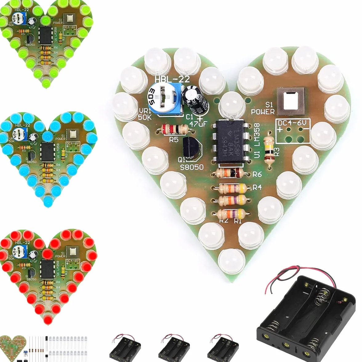 4 szt. zestaw do ćwiczeń spawalniczych zestaw lampy oddechowej w kształcie serca DC4-6V czerwony biały niebieski zielony kolor LED miłość kształt serca DIY projekt elektroniczny z uchwytem na