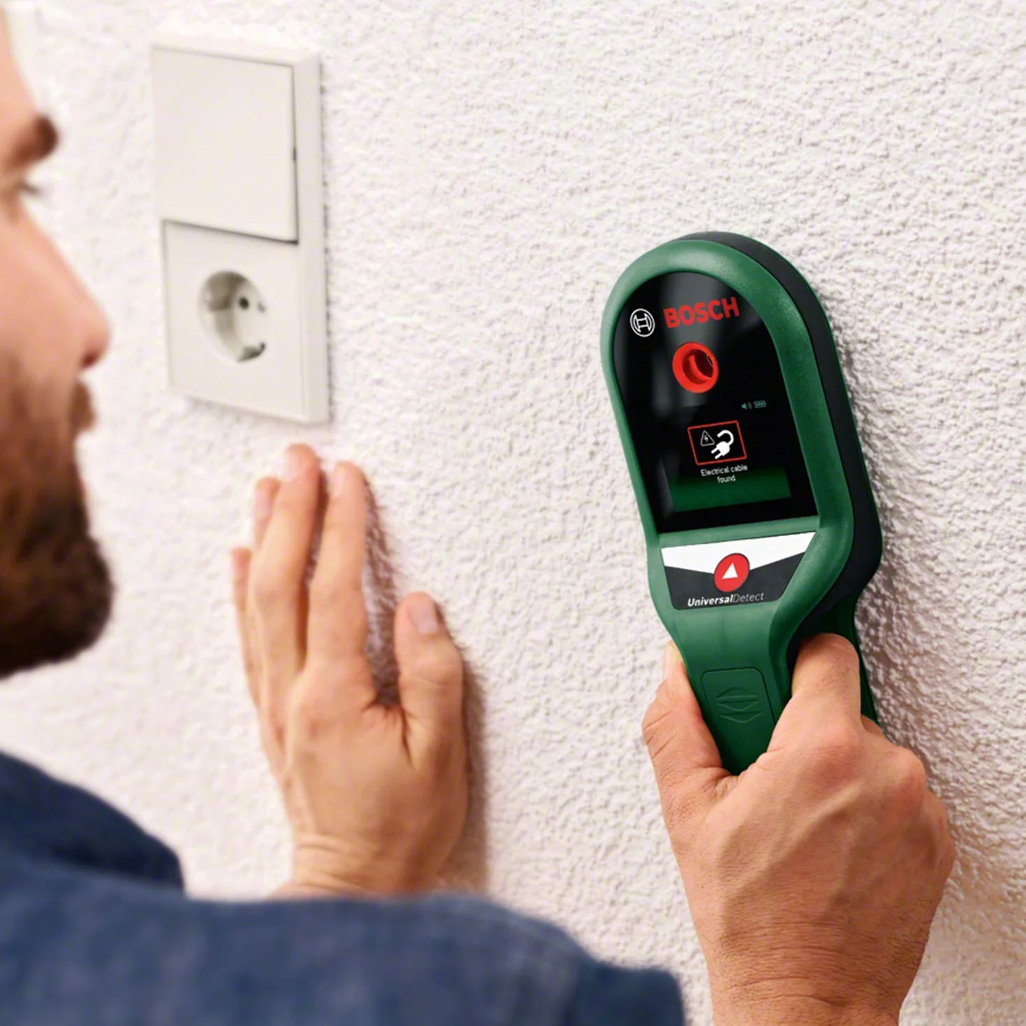 Bosch Detektor UniversalDetect (ułatwiający obsługę przewodnik instrukcjami „krok po kroku”, detektor konstrukcji drewnianych i przewodów, opakowanie kartonowe E-Commerce)