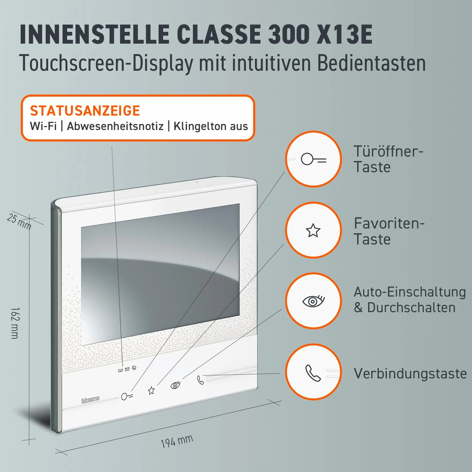 BTICINO, CLASSE300 X13E video wnętrze z ekranem dotykowym 7", 4 wrażliwe przyciski, połączenie ze smartfonem, korzystanie z aplikacji, rozszerzenie zestawu nr art. 363911 do domu dwurodzinnego, biały,