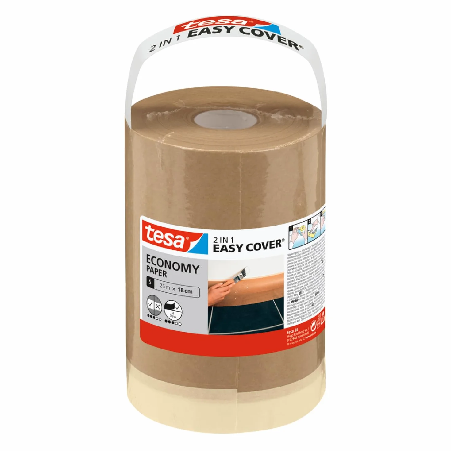 tesa papier Easy Cover UNIVERSAL - papier malarski 2w1 z samoprzylepną taśmą maskującą do prac malarskich i remontowych - 25m x 18cm