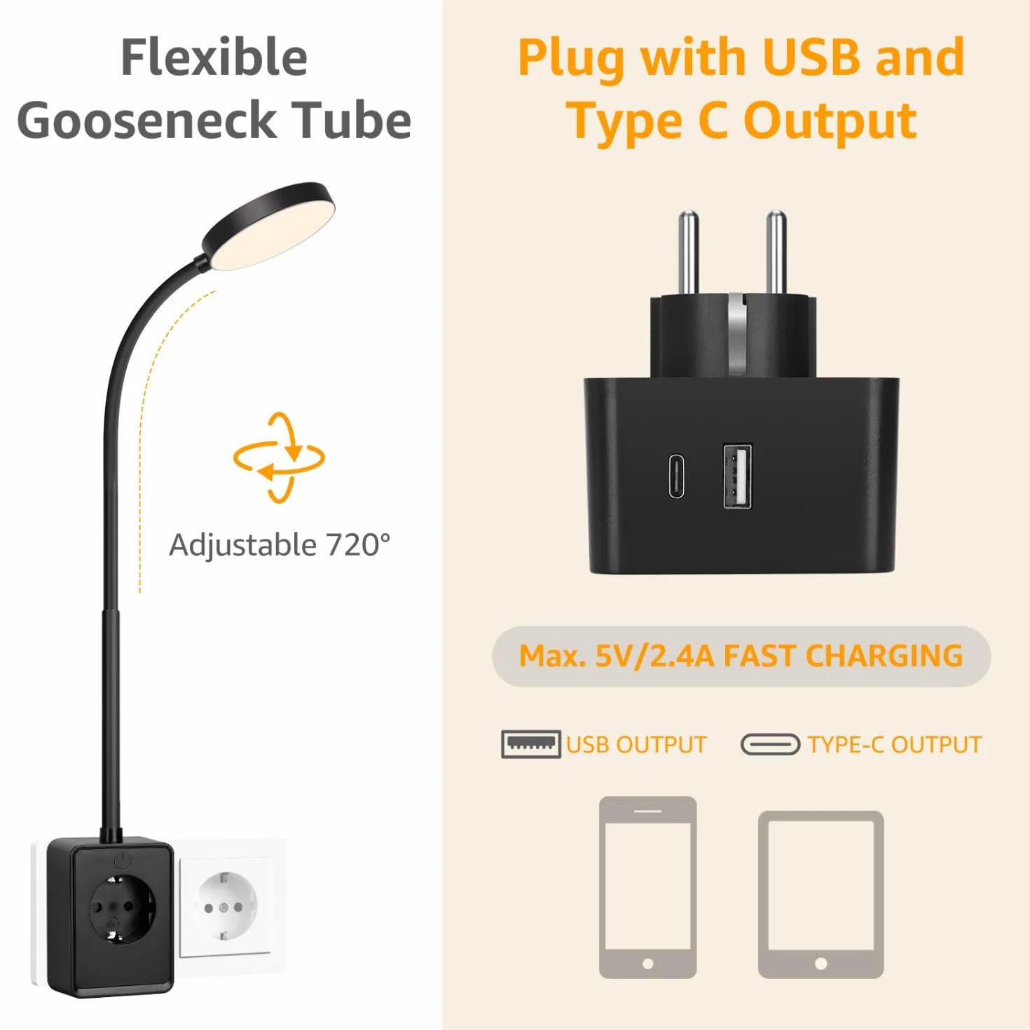 Aigostar Lampka do Czytania LED do Kontaktu - Kinkiet z Gniazdem Elektrycznym 230V, Porty USB A i Typu C, Sterowanie Dotykowe, 3 Barwy Światła, Elastyczne Ramię 360°, do Sypialni, Czarny