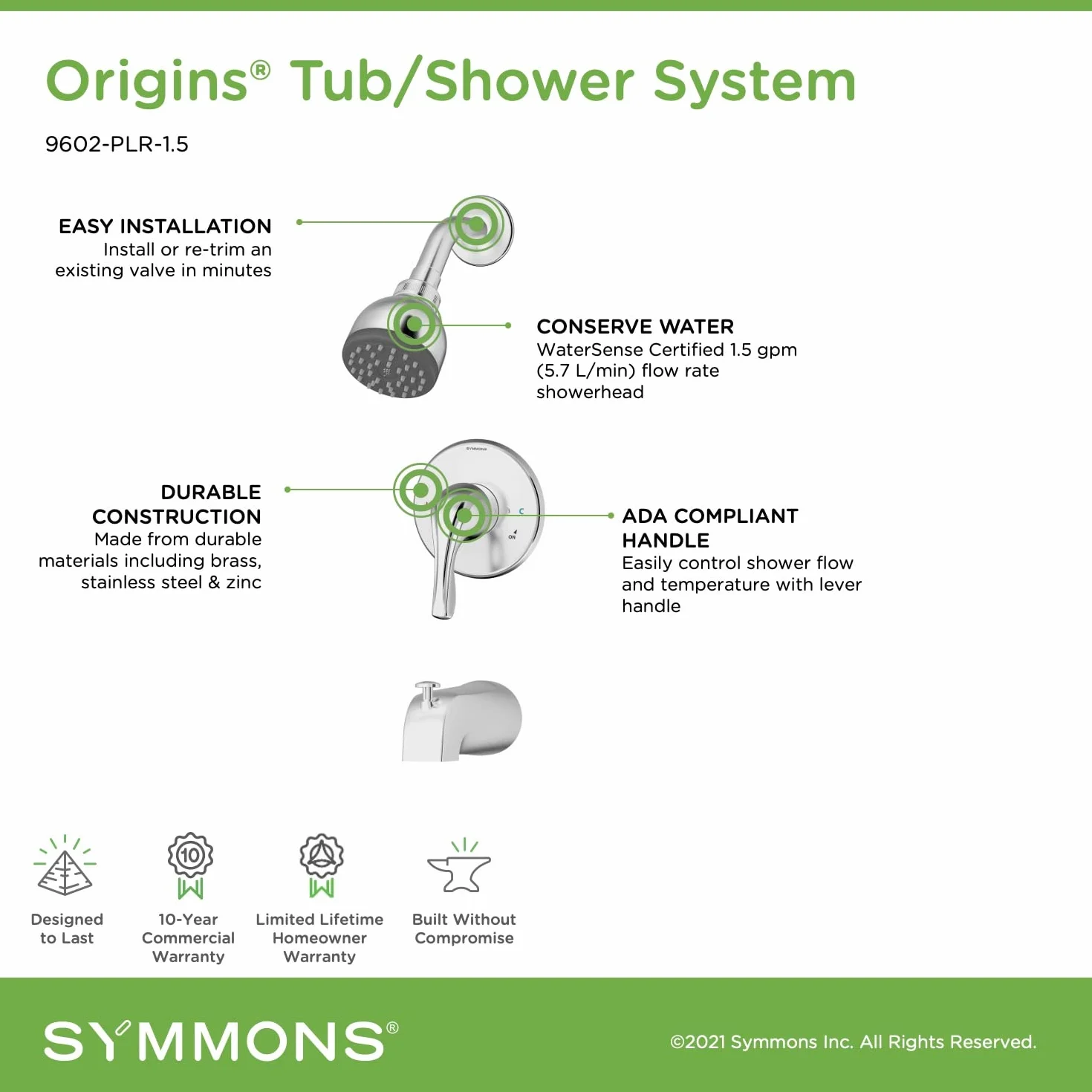 Symmons 9602-PLR-1,5 Origins 1-uchwyt wanna i bateria prysznicowa, chrom