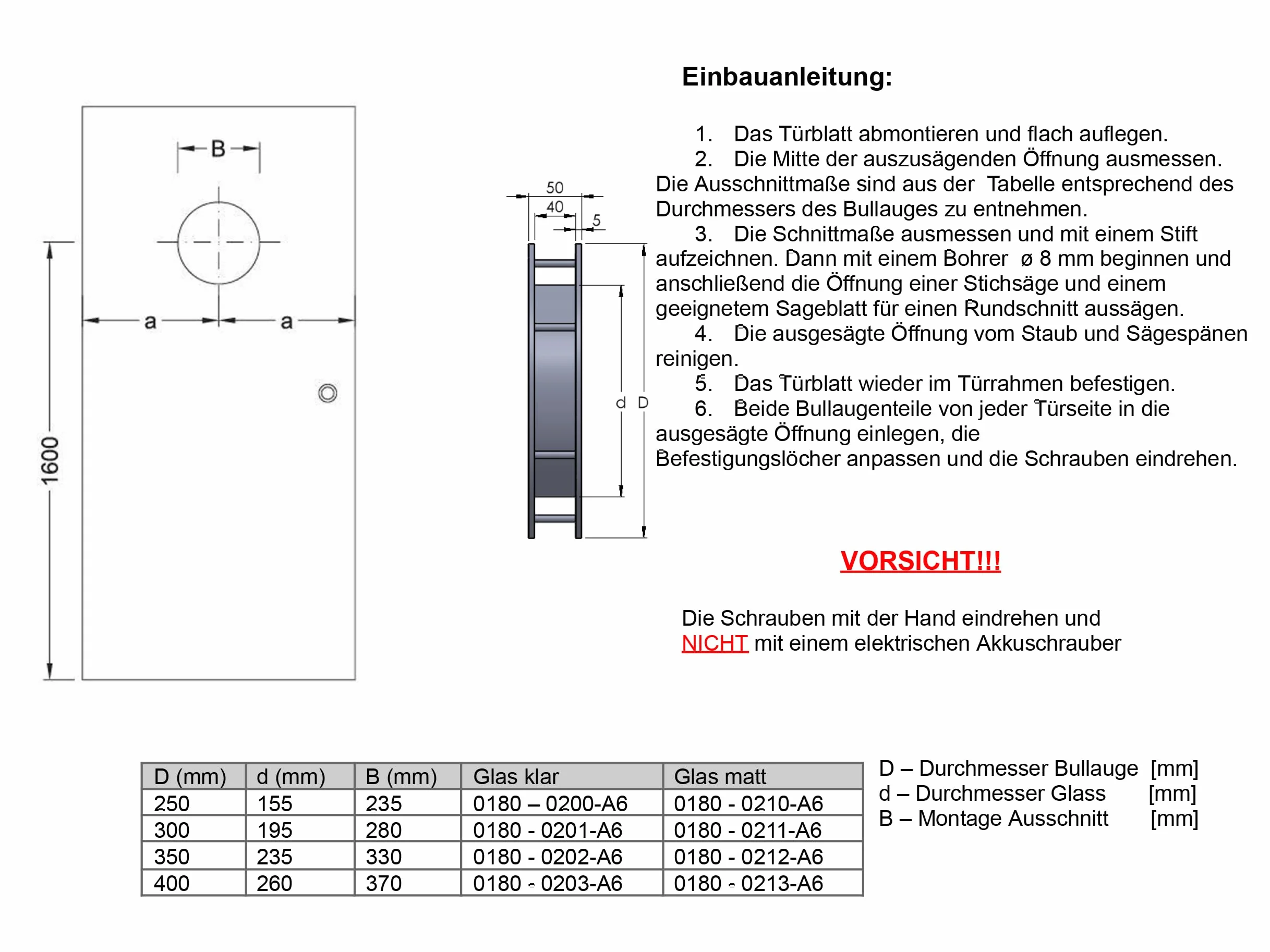 MLS B6000 Bulaj do Drzwi, z Wytrzymałego Aluminium, Bezpieczne Szkło VSG, Odpowiedni do Drzwi o Grubości 40 mm, Widoczne Śruby Montażowe, Średnica 300 mm, Szkło Matowe, Srebrny