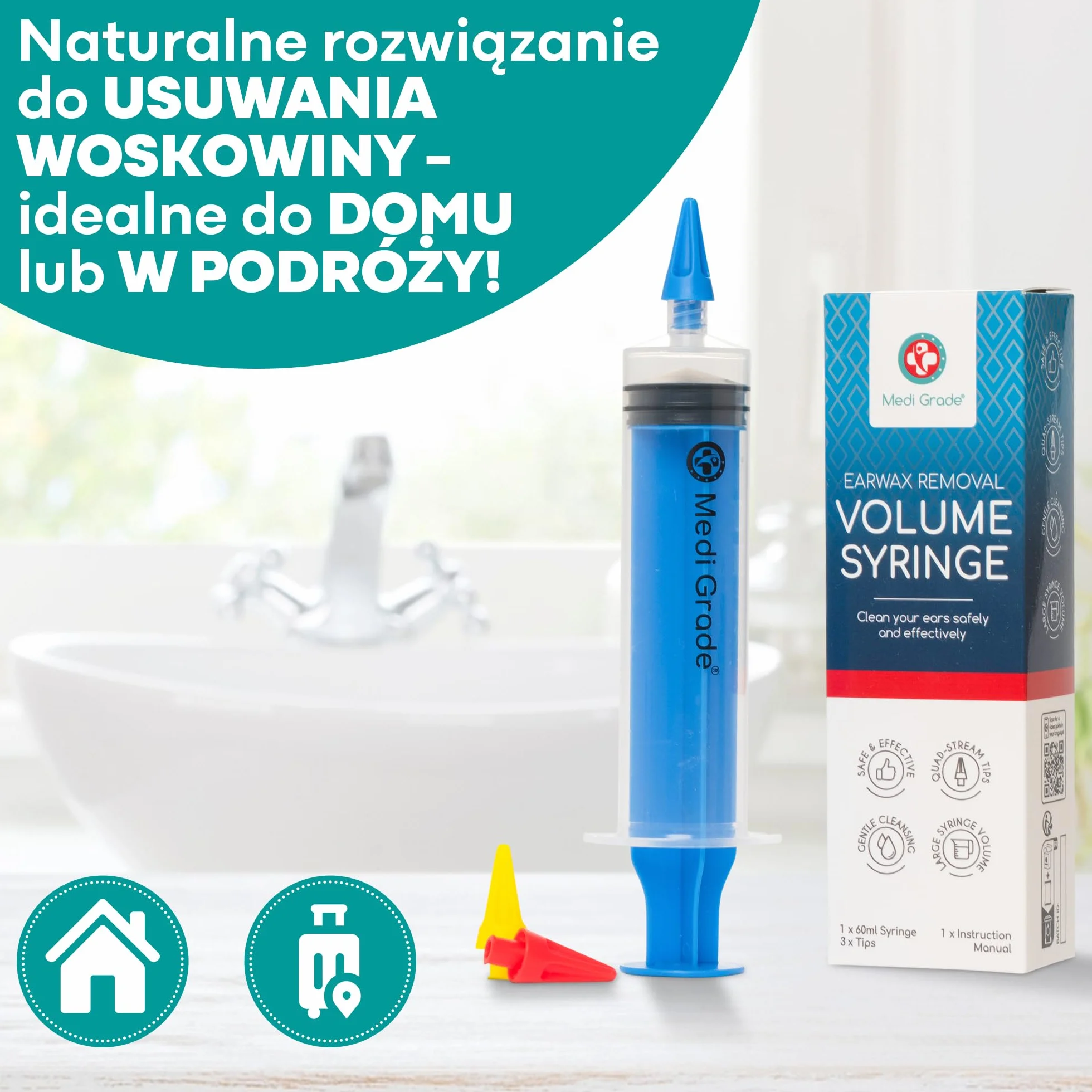 Zestaw do Czyszczenia z Uszu – Bezpieczne Usuwanie Wosku z Uszu od Medi Grade - Zestaw do Płukania Uszu Zawiera Strzykawkę 60 ml, 3 x Miękkie Końcówki Quad-Stream