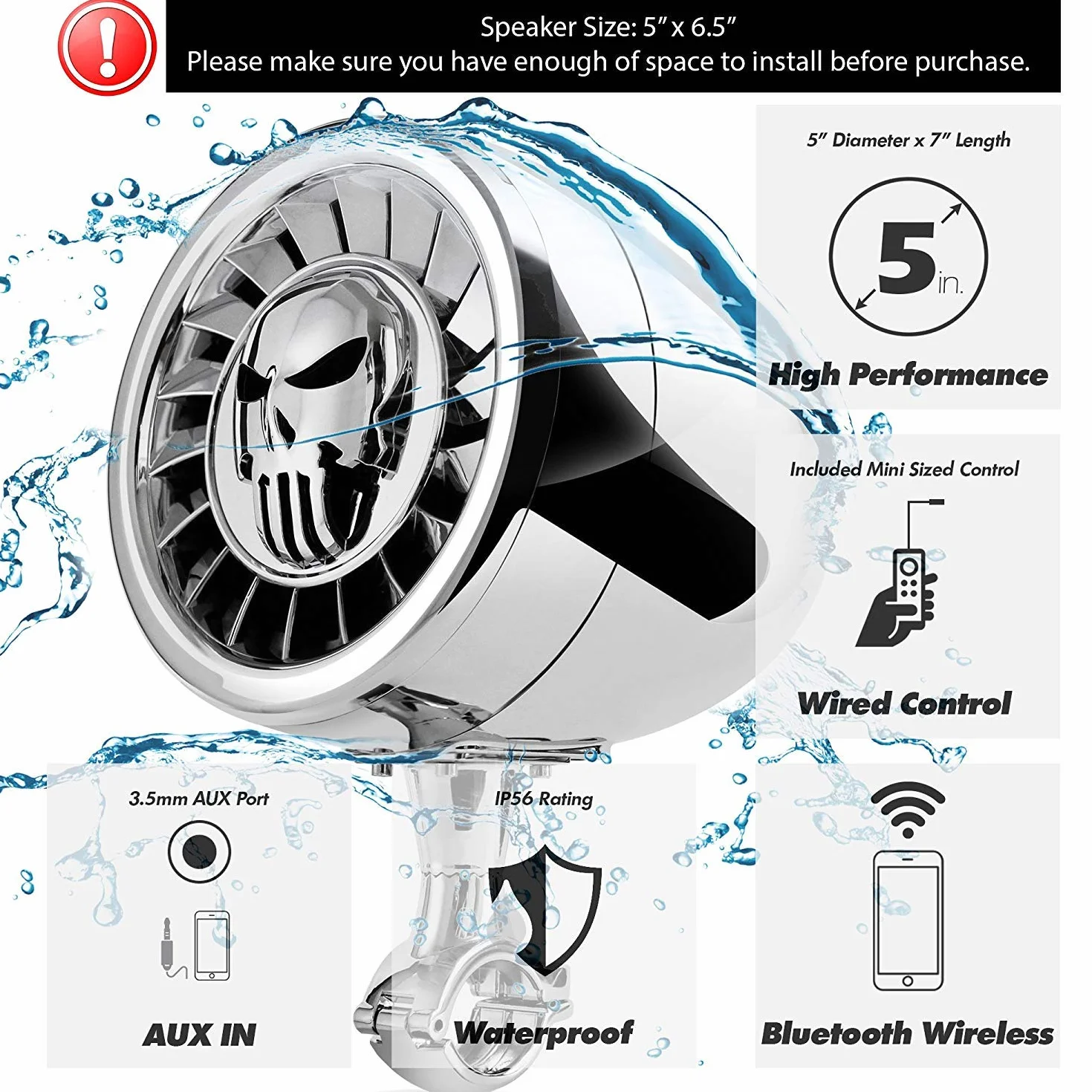 Aileap Wodoodporny głośnik stereofoniczny Bluetooth 5 cali, basowy system audio USB AUX do motocykli Harley ATV UTV RZR