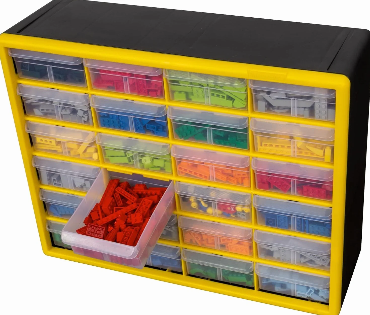 Akro-Mils 10124 Plastikowa szafka z 24 szufladami do przechowywania, do garażu, Lego, na narzędzia, dla nauczycieli, organizer do makijażu i innych, 50 cm szer. x 15 cm gł. x 40 cm wys., żółta