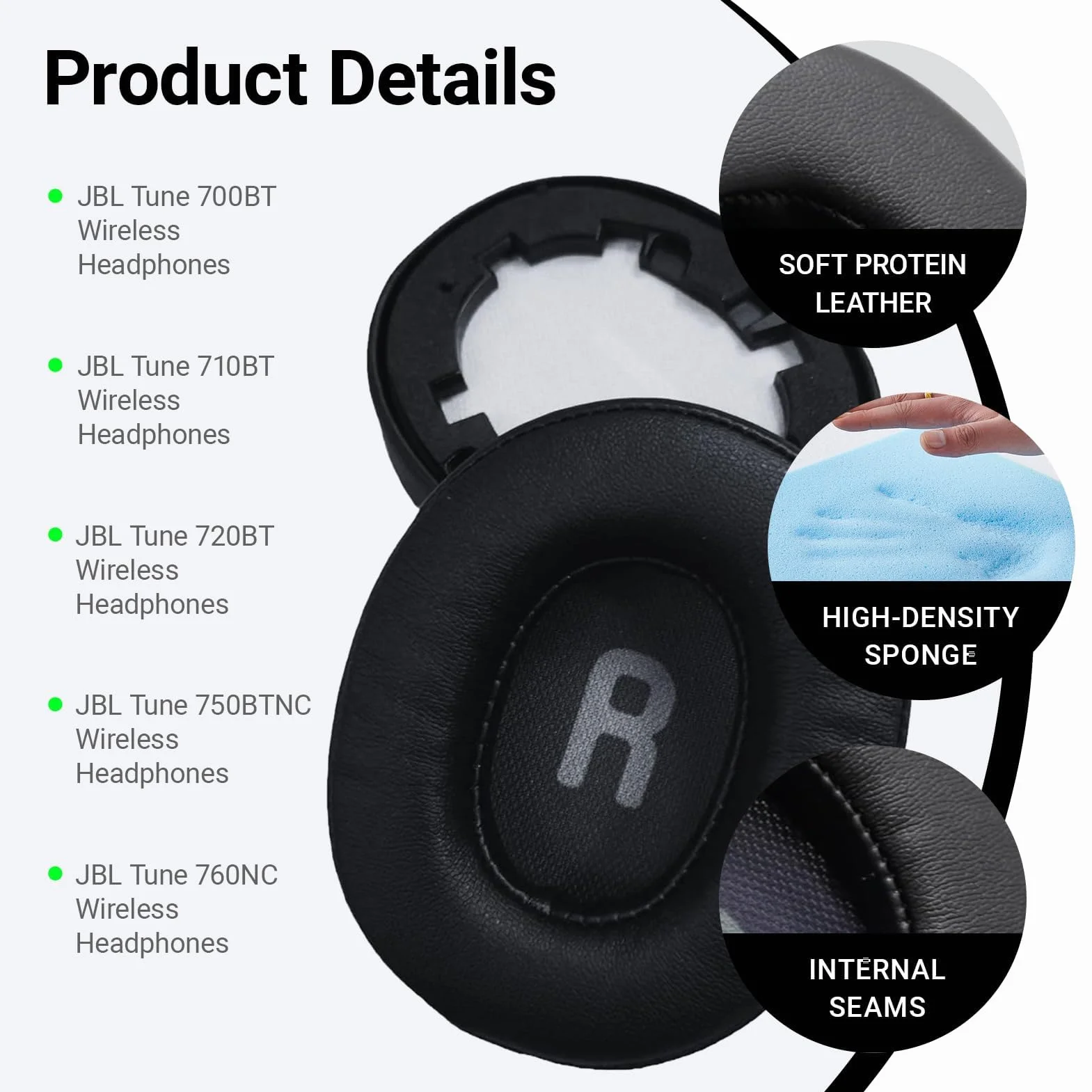 1 para wkładek dousznych do JBL Tune 700 (700BT)/710 (710BT)/720(720BT)/750 BT, 750BT, 760(760NC), Nie jest kompatybilny z modelem 770 (770NC), miękka skóra białkowa (czarny)