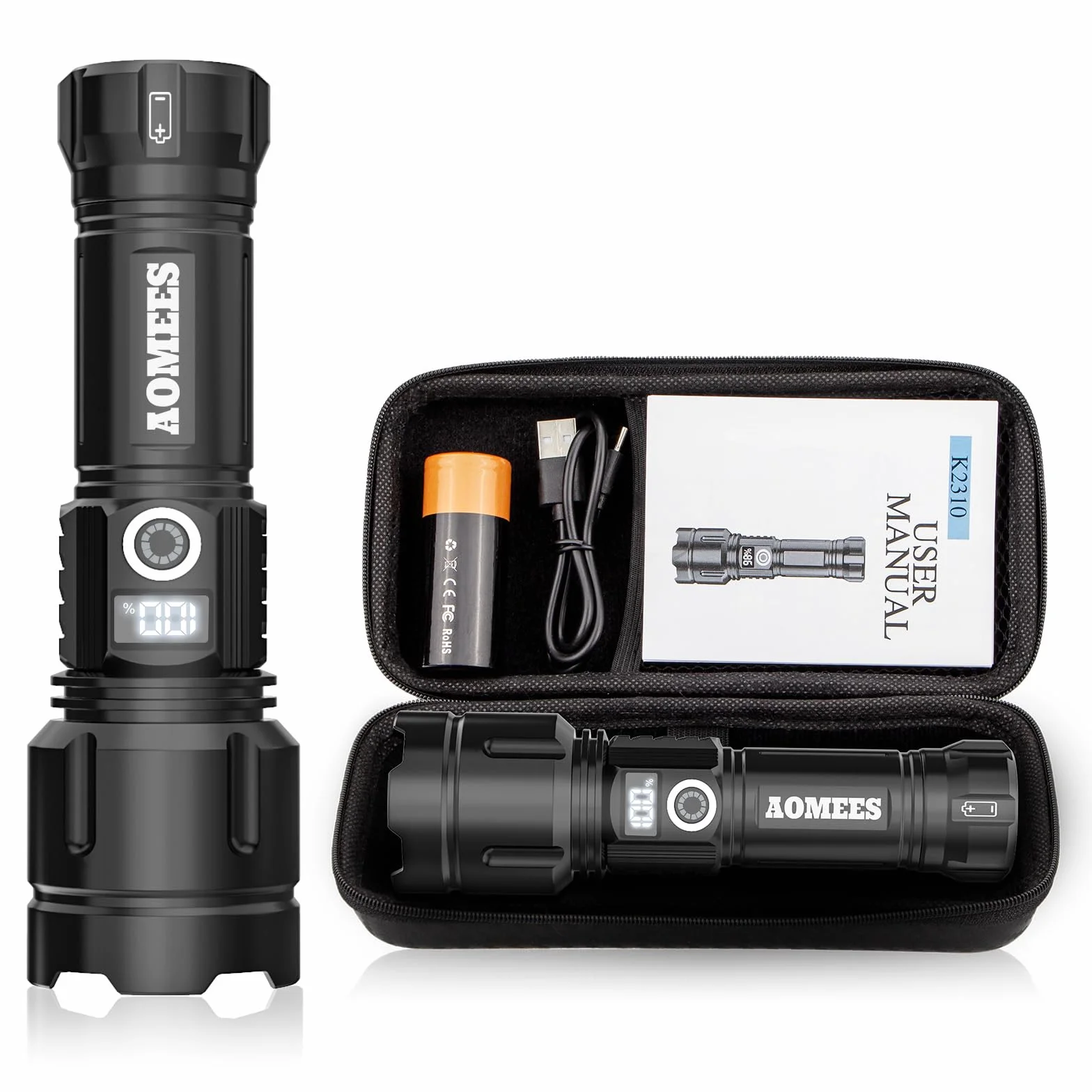 AOMEES Latarka LED USB Typ-C 200 000 lumenów – Super jasna, IPX4, 5 trybów, Młotek bezpieczeństwa, Idealna na Camping i Awarie