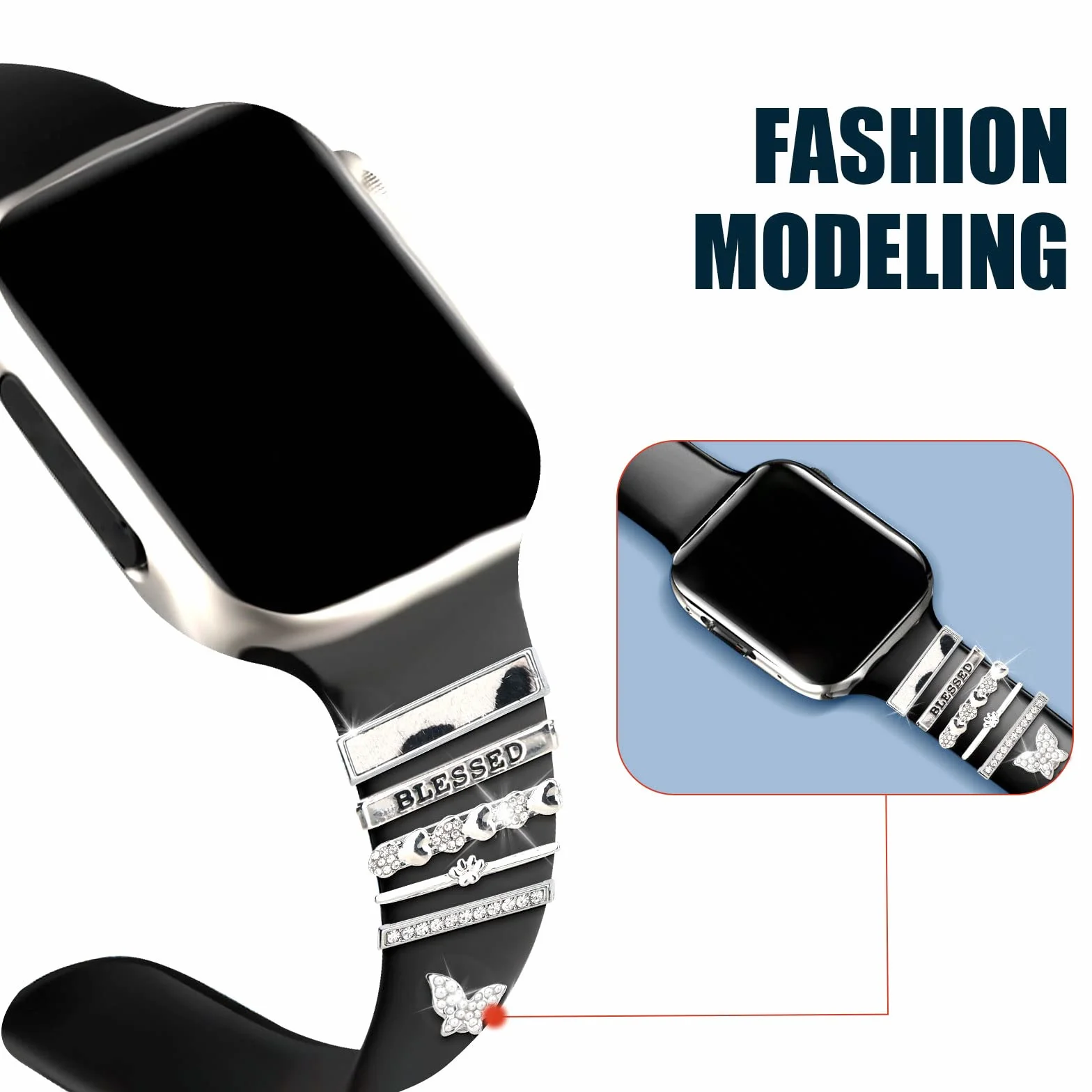10szt Zawieszki Paska Zegarka, Ozdoba z Brokatowego Diamentu do Inteligentnego Zegarka, Metalowa Klamra Serii Iwatch (Srebro, bez Paska)