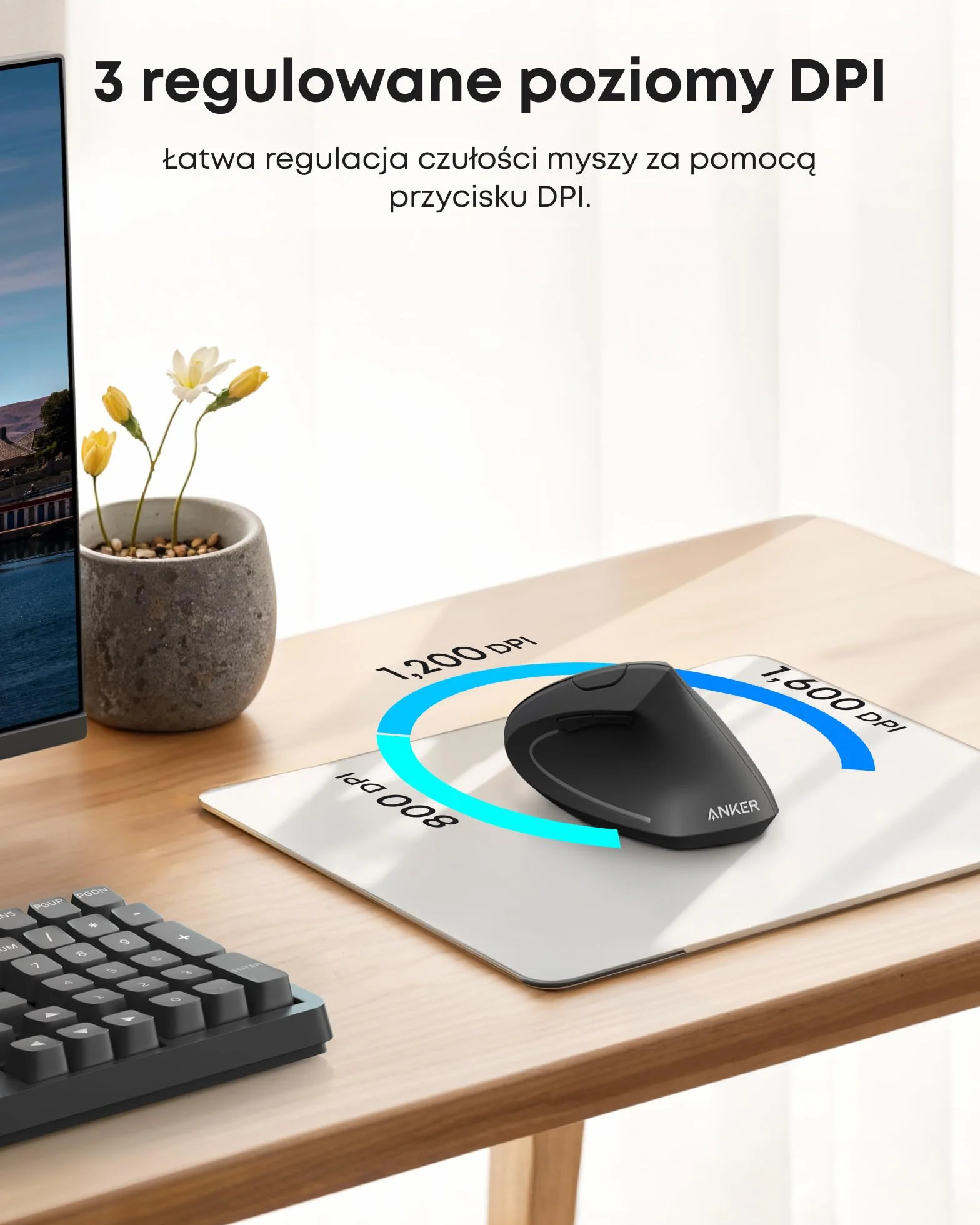Anker 2.4 G Vertical Wireless Ergonomic Mouse for Windows, Mac OS, USB, 800/1200 / 1600 DPI, 5 Buttons