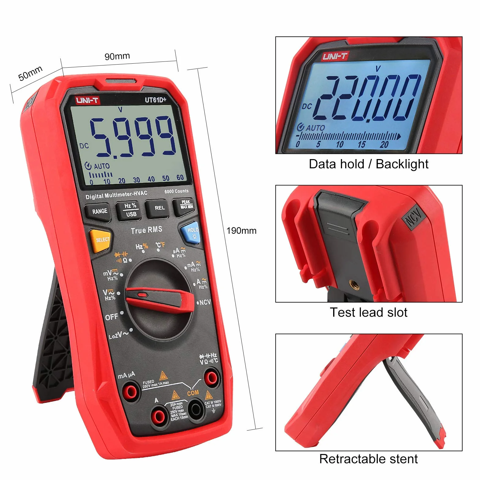UNI-T UT61D+ 1000V 20A Multimetr cyfrowy 6000 zliczeń True RMS napięcie AC/DC prąd opór pojemność tester