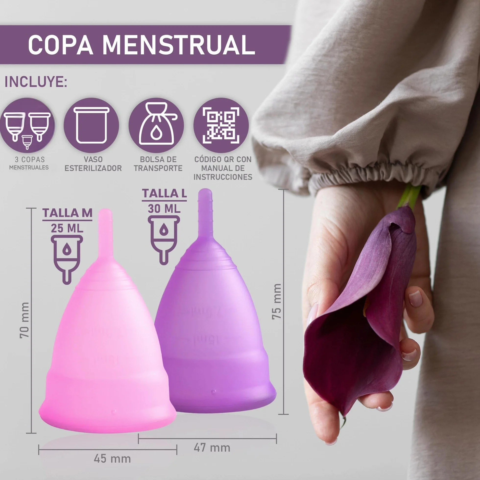 Kubki menstruacyjne Bibrad- 3 kubki menstruacyjne w rozmiarach S, M i L, kubek do sterylizacji i bawełniana torba transportowa - 100% miękki silikon klasy medycznej zmywalny i wielokrotnego użytku