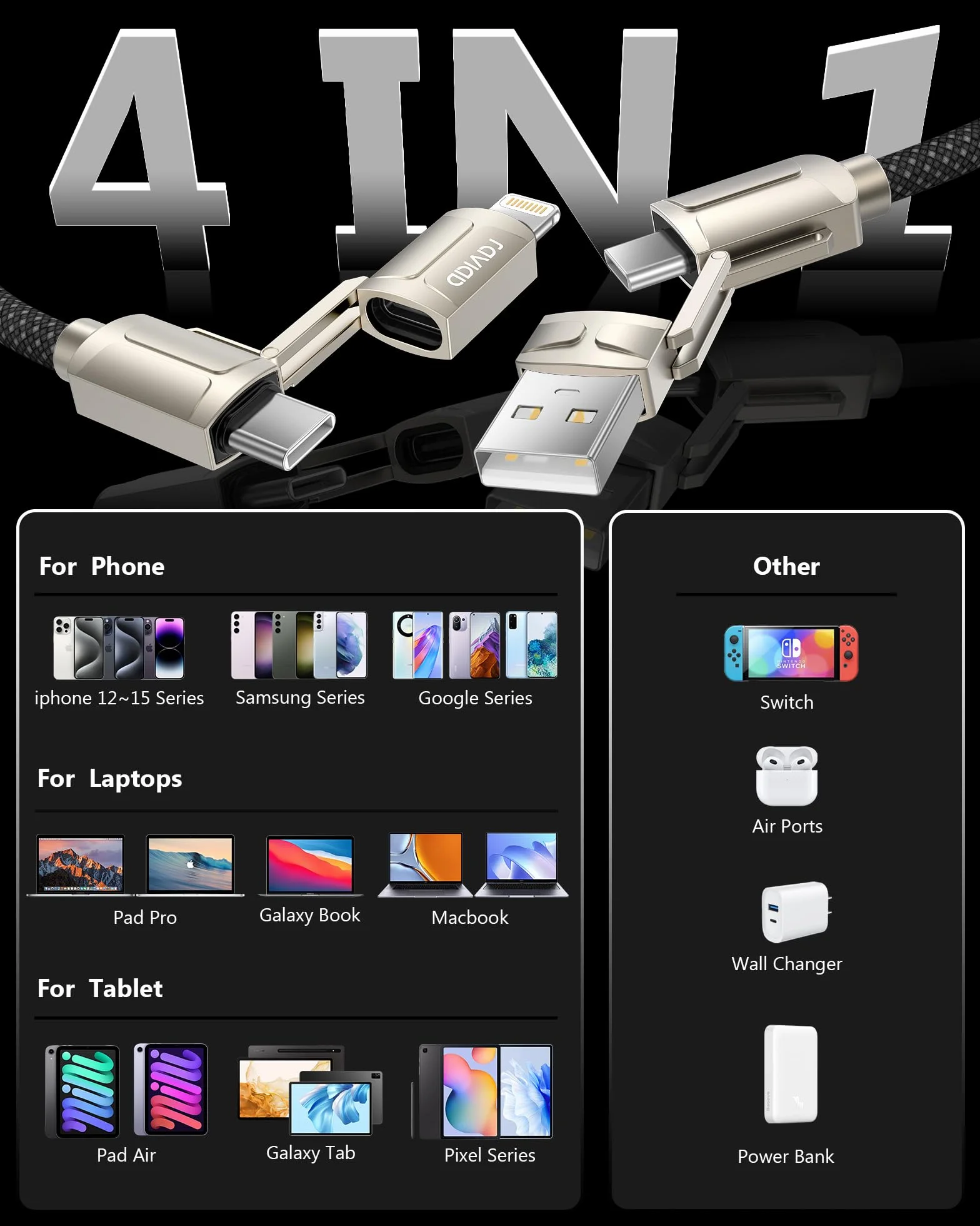RAVIAD Kabel USB 4w1 60W PD 3A Szybkie Ładowanie USB C/USB A do Lightning USB C
