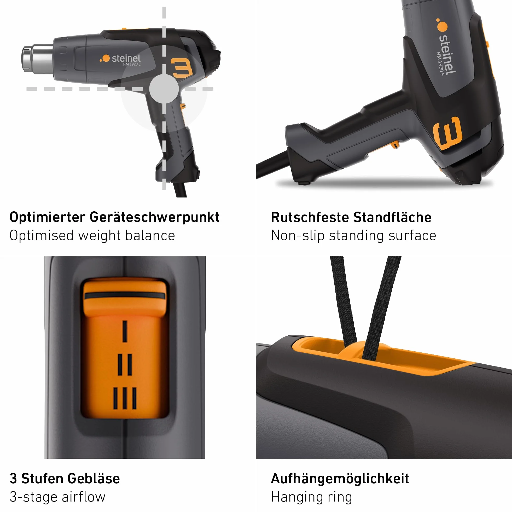 Steinel Pistolet grzewczy HM 1920 E, 2000 W, 80-600°C, pistolet na gorące powietrze z grzałką ceramiczną, do obkurczania, foliowania i zgrzewania tworzyw sztucznych