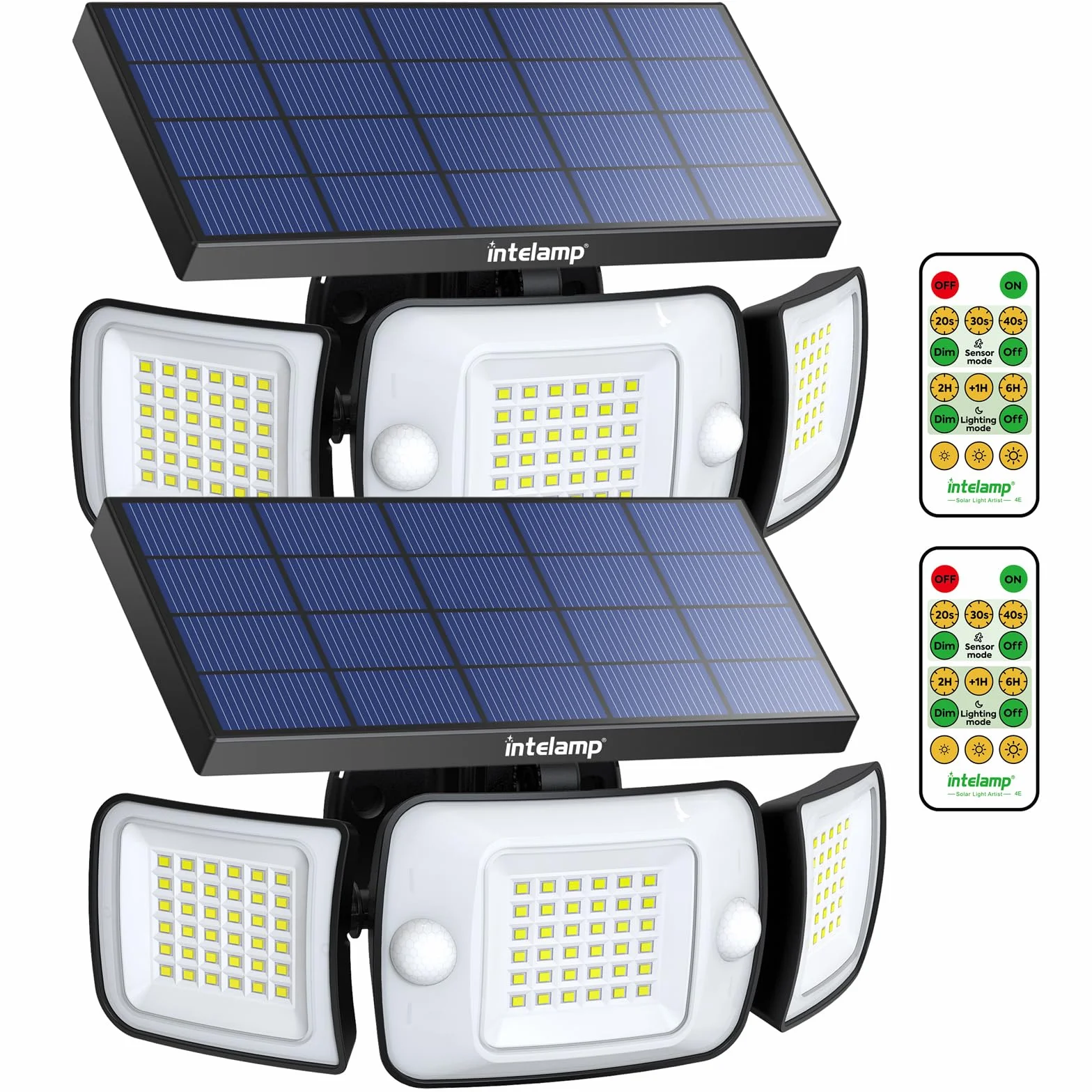 INTELAMP Zewnętrzne lampy solarne z czujnikiem ruchu i pilotem zdalnego sterowania, 6000 mAh, 1200 lumenów, oświetlenie 270°, 4 tryby, lampa ścienna do użytku na zewnątrz