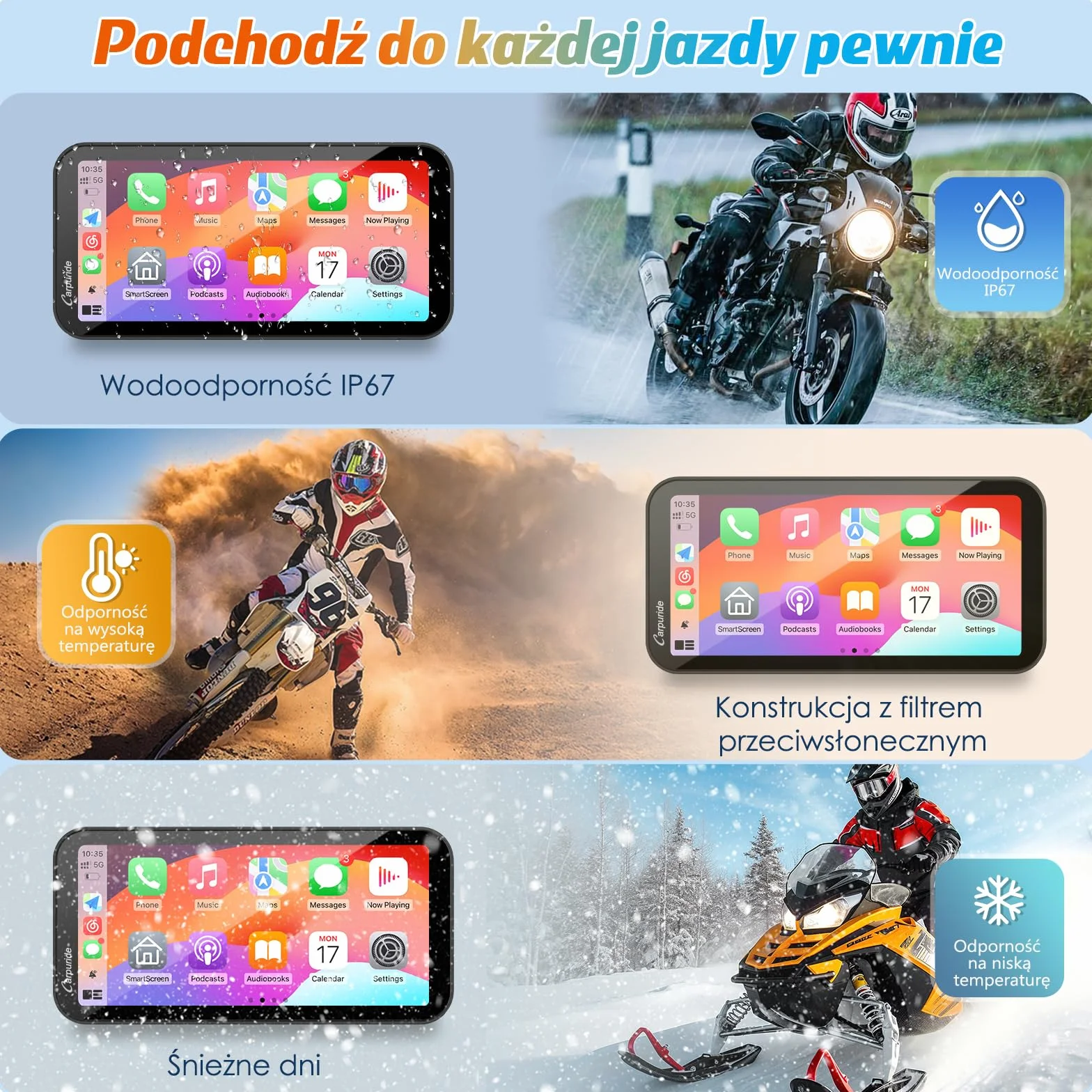 Carpuride W603 Ekran motocyklowy Carplay, Bezprzewodowa funkcja CarPlay i Android Auto dla Moto, Pilot zdalnego sterowania, Wodoodporny ekran dotykowy 6,3 cala, Nawigacja GPS, Siri, Asystent G00gle