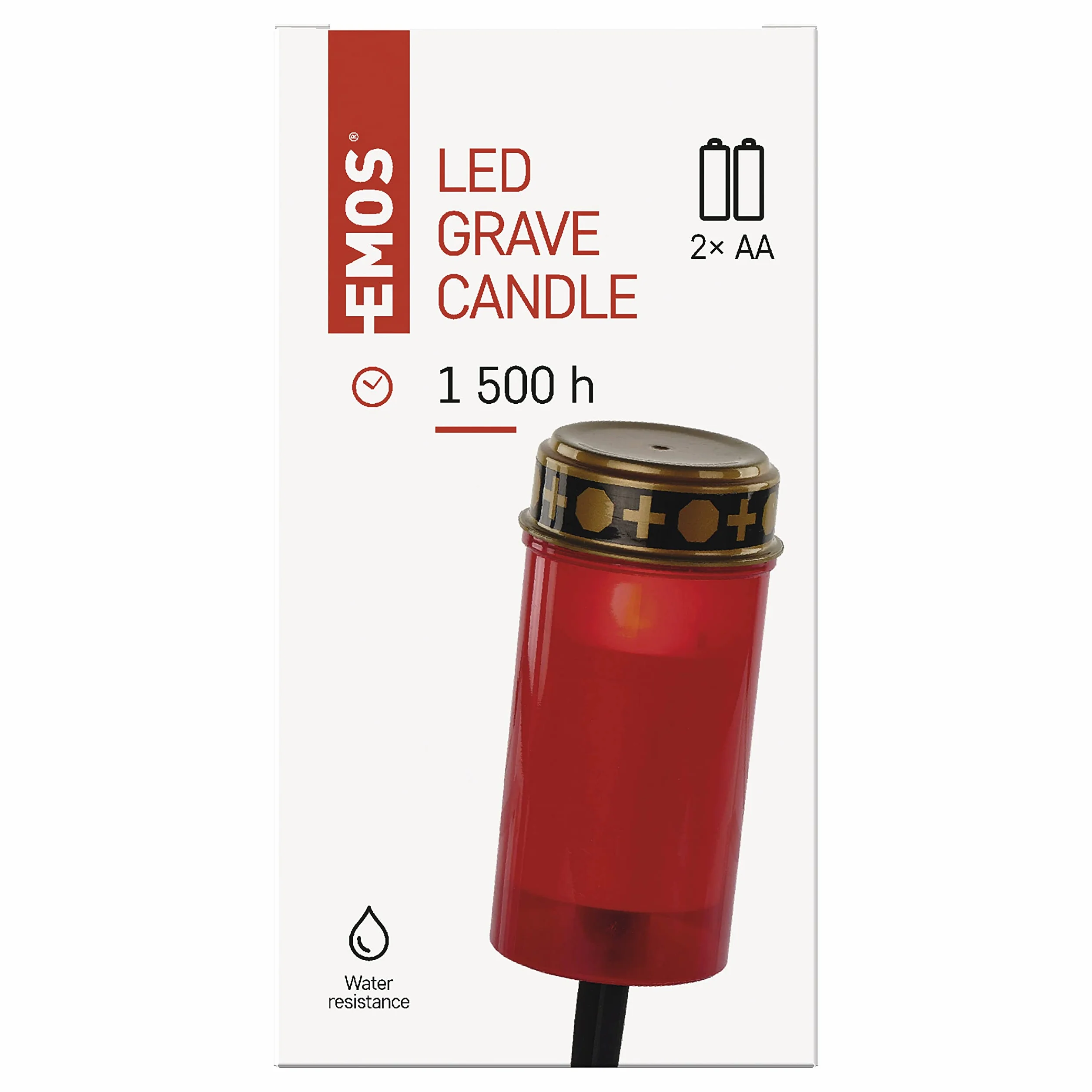 EMOS DCCV22 znicz LED, klasa ochrony IP44, do użytku na zewnątrz, czerwona lampa nagrobna na baterie, świeca cmentarna z prętem, żywotność 1500 godzin, tworzywo sztuczne, 7 x 12,5 cm, DCCV22