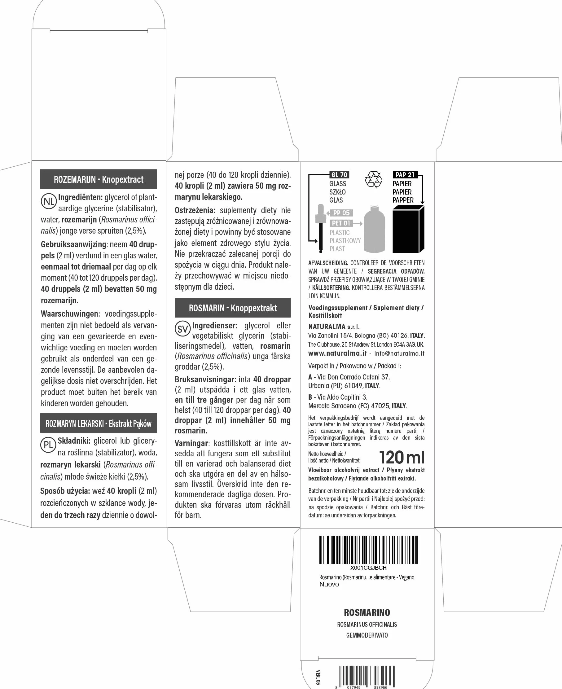 Rozmaryn lekarski (Rosmarinus officinalis) Bezalkoholowy ekstrakt ze świeżych pączków Naturalma - Płynny ekstrakt w kroplach 120 ml - Suplement diety - Wegański