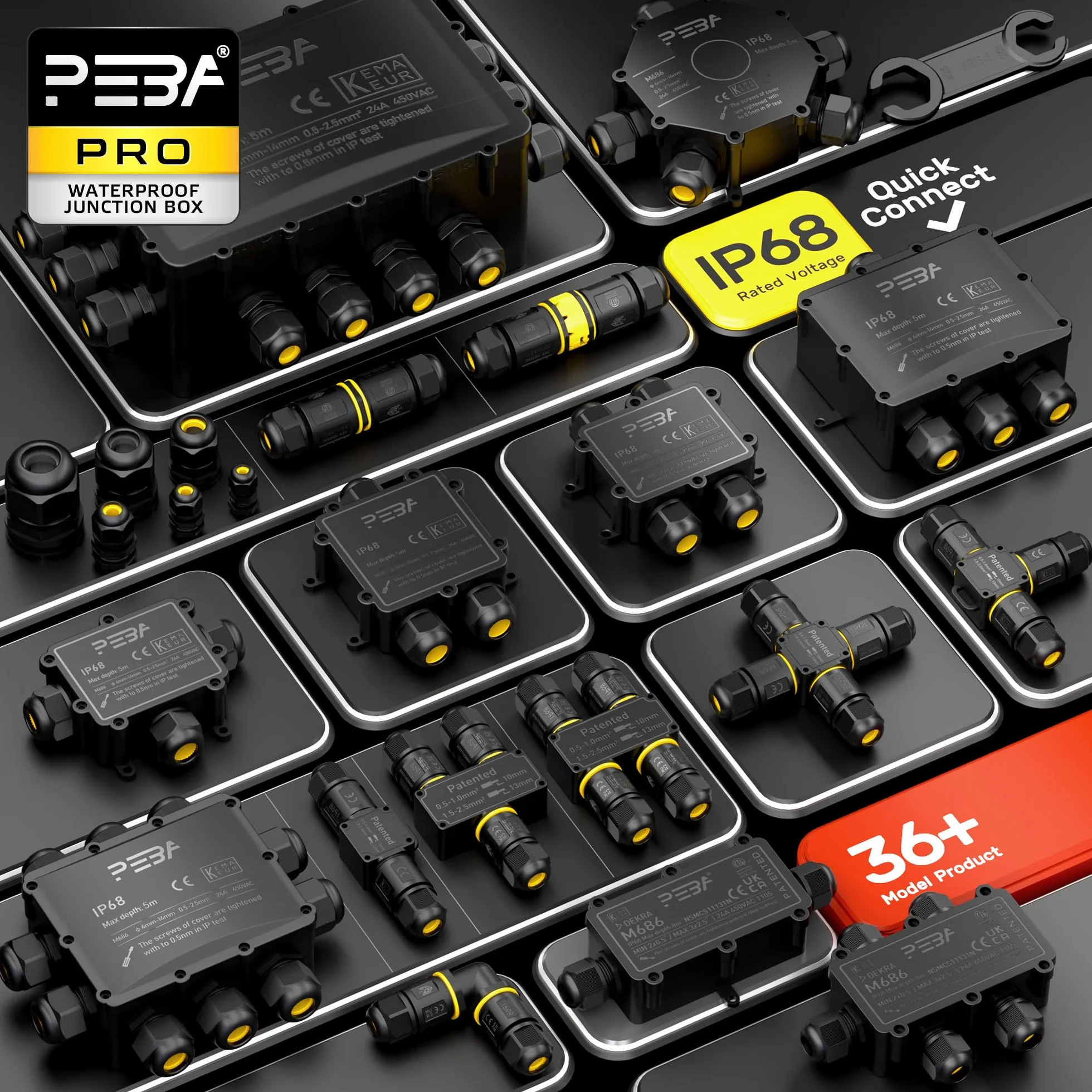PEBA® Puszka przyłączeniowa, Zewnętrzna Wodoszczelna skrzynka rozgałęźna IP68 3-drożne Wodoodpornych puszek rozgałęźnych, Wodoodporne złącze kablowe,na Ø 4-14mm ogrodu przyłączeniowa, Czarny