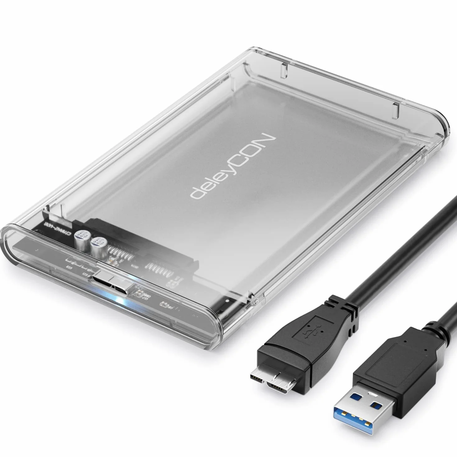 deleyCON Obudowa SSD USB a (5Gbps USB 3.1) do Dysków SATA 3 2,5" SSD / HDD / 7 mm do 9,5 mm SATA III Obudowa Zewnętrzna UASP [Przezroczysta]