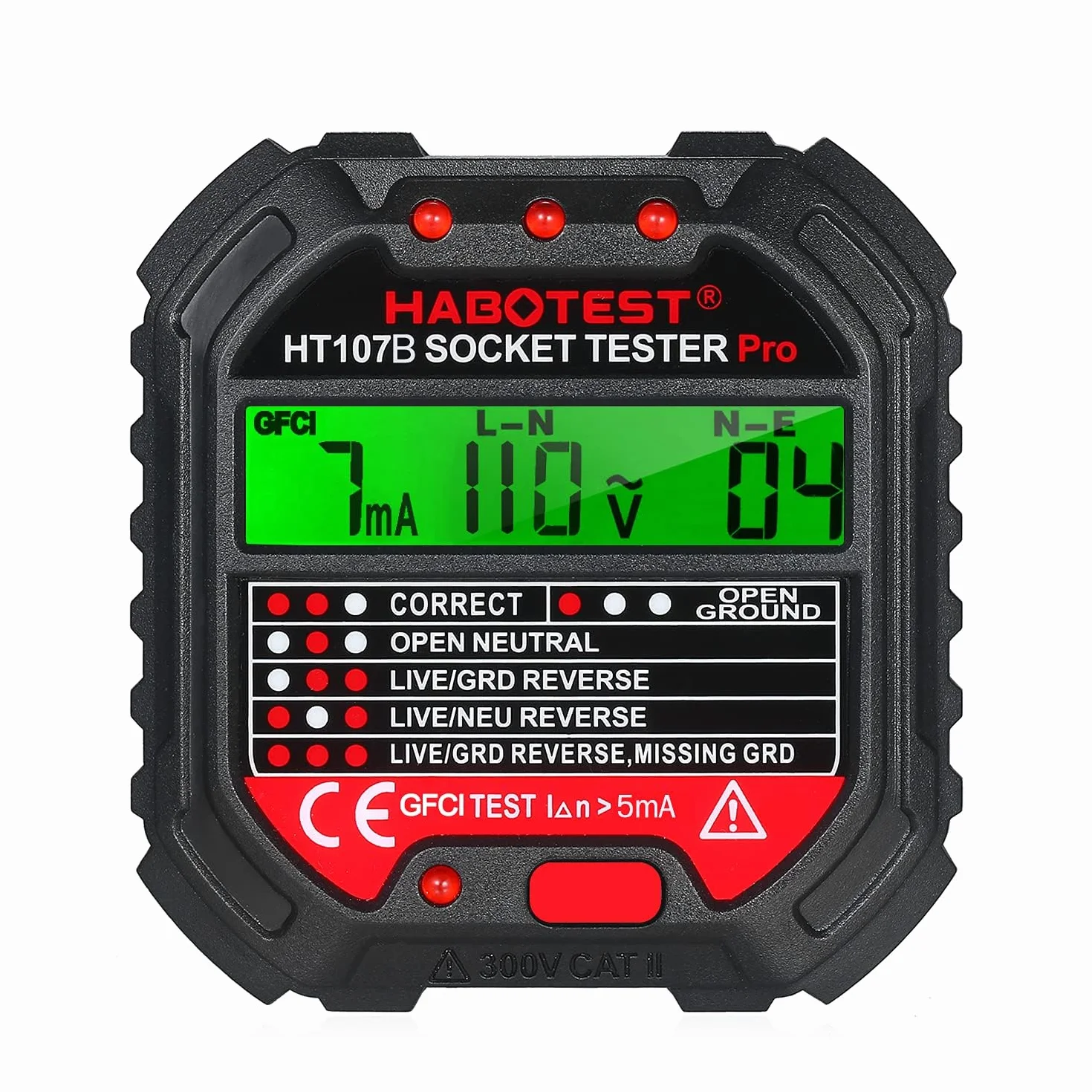 Tester gniazdek z kontrolką RCD, tester gniazd z kontrolką, 6 rodzajów diagnostyki błędów, tester napięcia, CAT ll 300 V