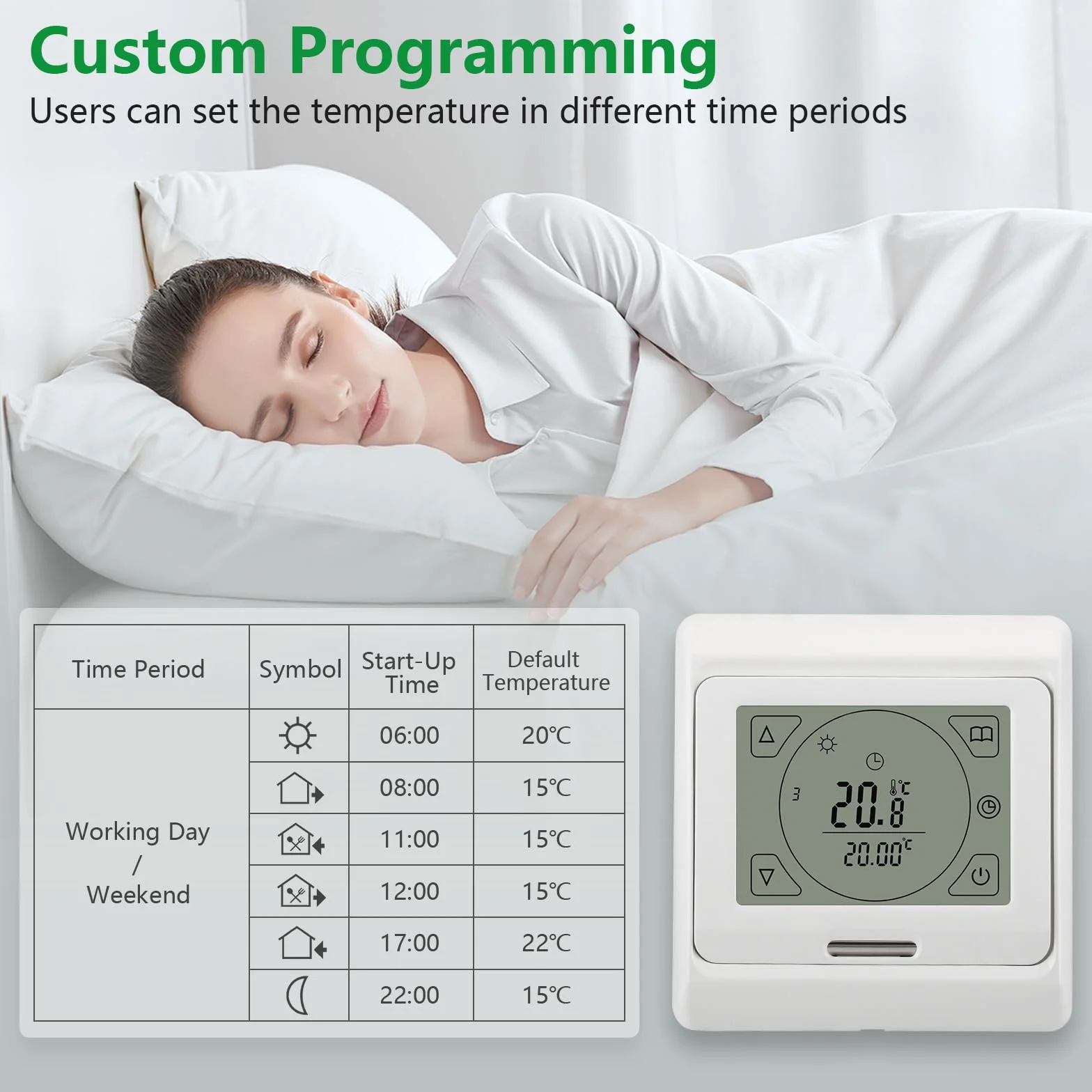 Wengart WG809 termostat pokojowy, cyfrowy wyświetlacz LCD, przyciski dotykowe, programowanie tygodniowe, wyjście 230 V 16A, odpowiedni do elektrycznych urządzeń grzewczych, z zewnętrznym czujnikiem 3m