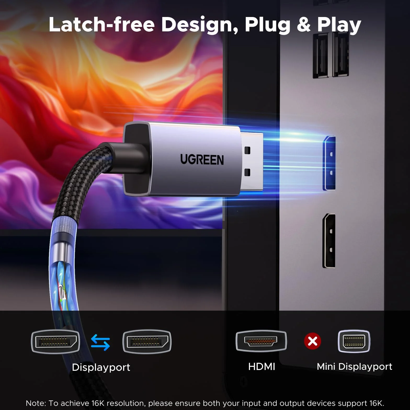 UGREEN 16K Kabel Displayport 2.1 16K 10K 60Hz 8K 120Hz 4K 240Hz 165Hz 144Hz, kabel DP 80Gbps z HDR, FreeSync, G-Sync, DSC 1.2a, HDCP 2.2 do PC, HDTV, monitorów gamingowych (1M)