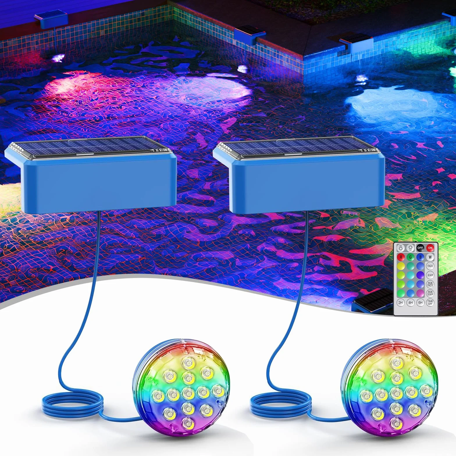 Quntis Solar Pool Light Set of 2, Solar Pool LED z pilotem zdalnego sterowania, wodoodporna lampa basenowa IP68 [Wielokolorowa i ciepła biel] do basenu, SPA, akwarium, ogrodu, fontanny, imprezy