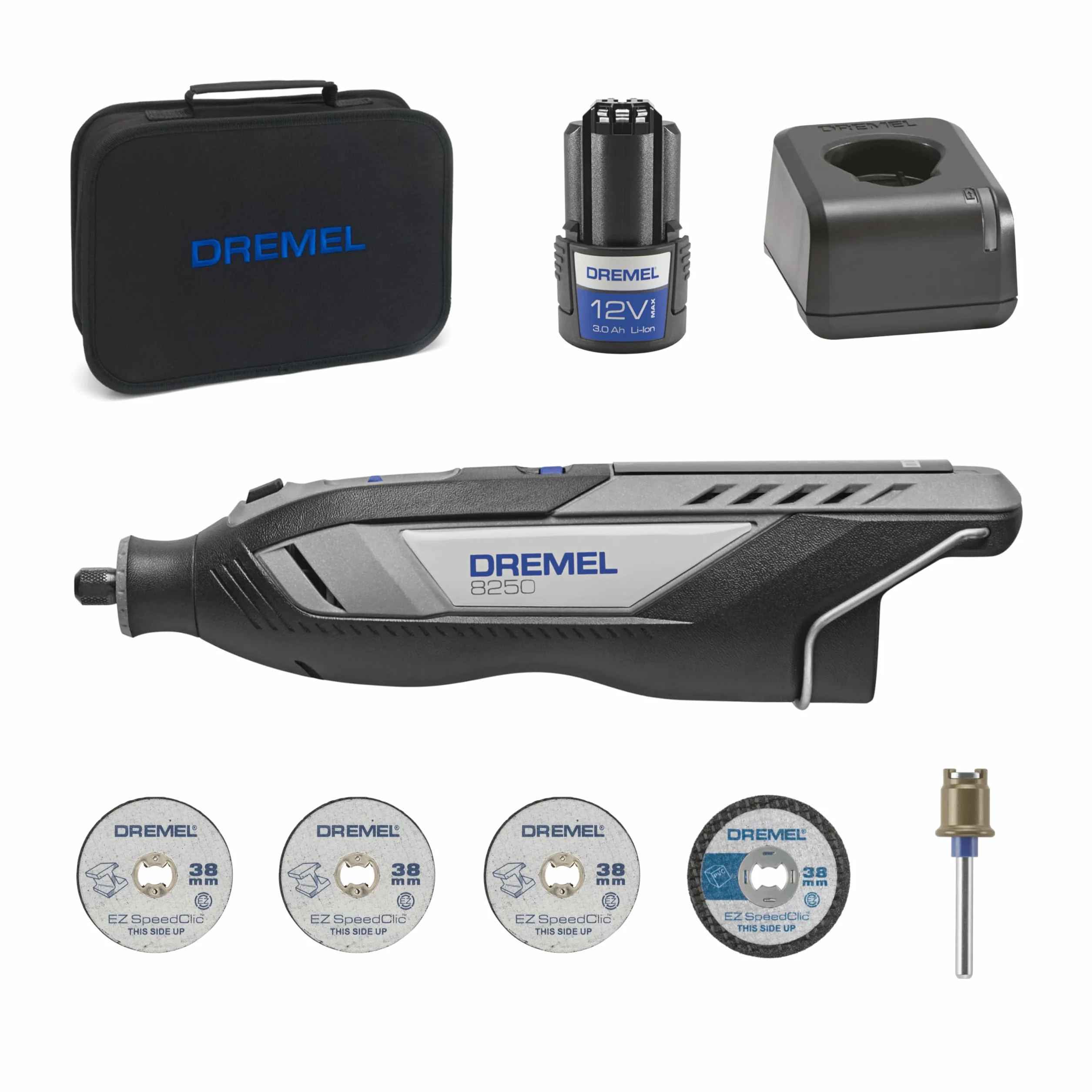 Dremel 8250 12V akumulatorowe narzędzie obrotowe 5.000-30.000 obr/min bezszczotkowy zestaw narzędzi wielofunkcyjnych z miękkim etui, 5 akcesoriami, frezowania, grawerowania, ścinania, napraw/DIY