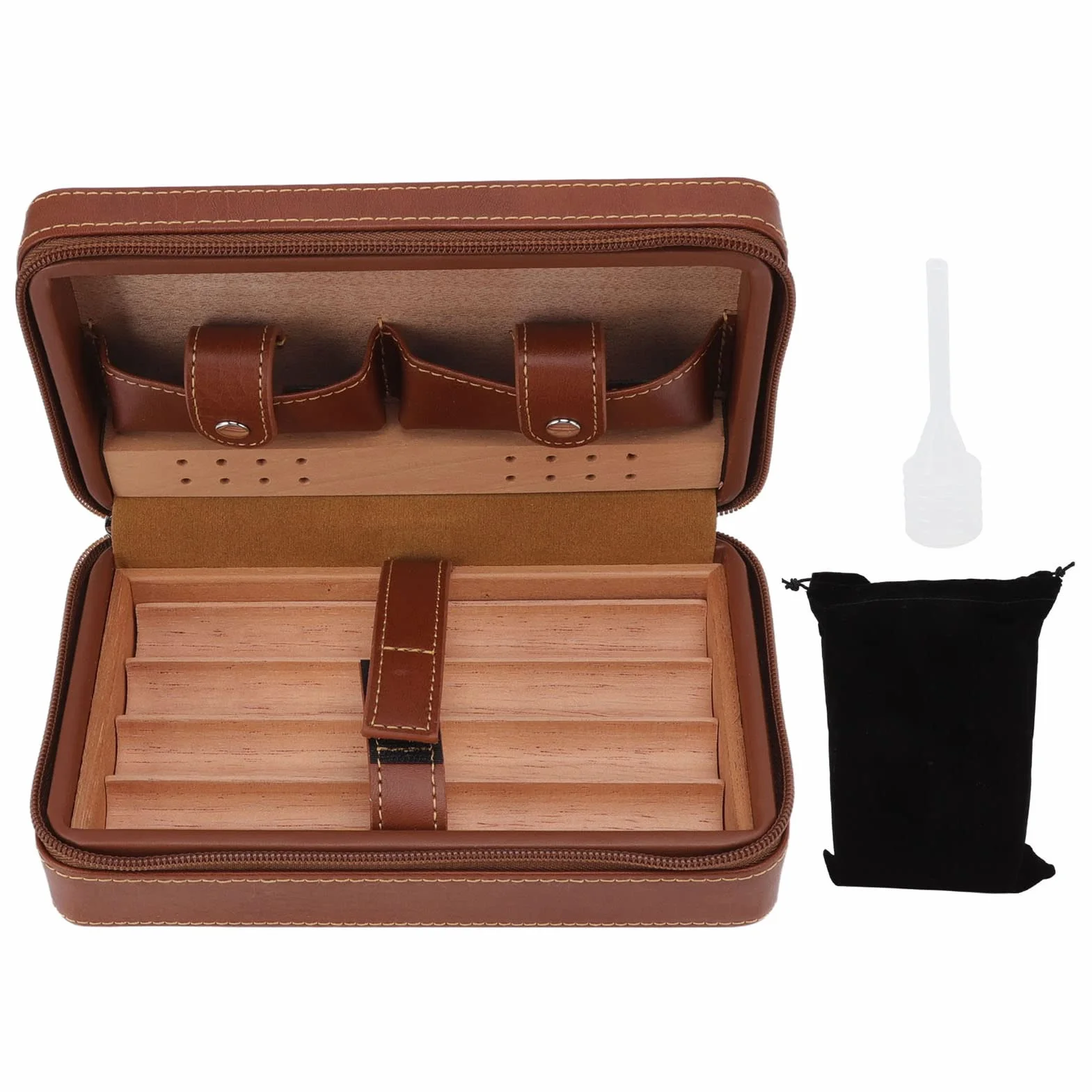 Humidor podróżny na cygara, etui na cygara, humidor na cygara, brązowe, przenośne, z podszewką z drewna cedrowego, nawilżacz powietrza, pudełko na cygara z torbą do przechowywania w podróży