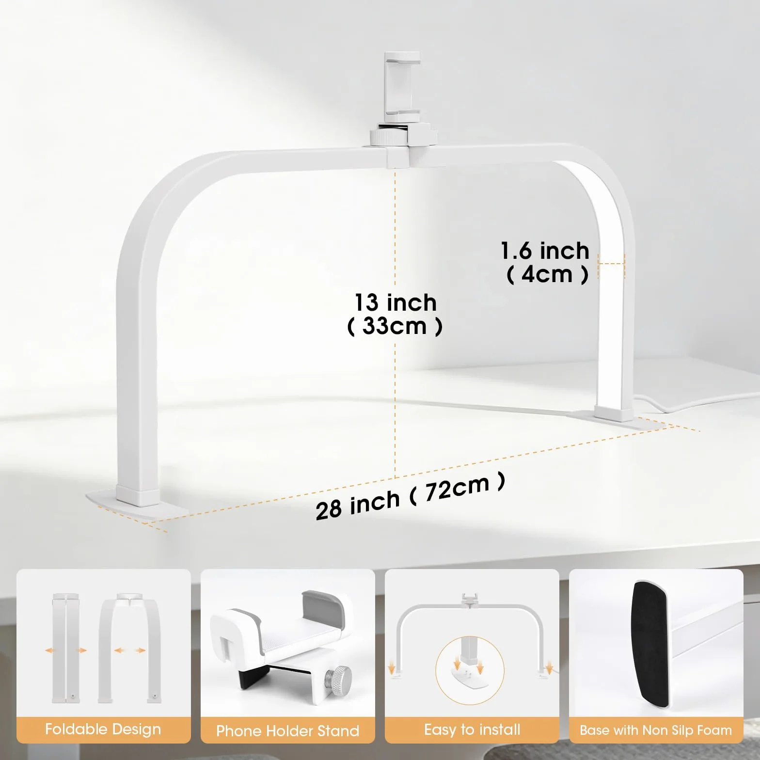 Lampa w kształcie półksiężyca, 70 cm, z uchwytem na telefon, 40 W, składana lampa kosmetyczna z 3 trybami kolorystycznymi, 10 jasności, 3000-6000 K, ściemniana lampa LED do paznokci, rzęs, tatuażu