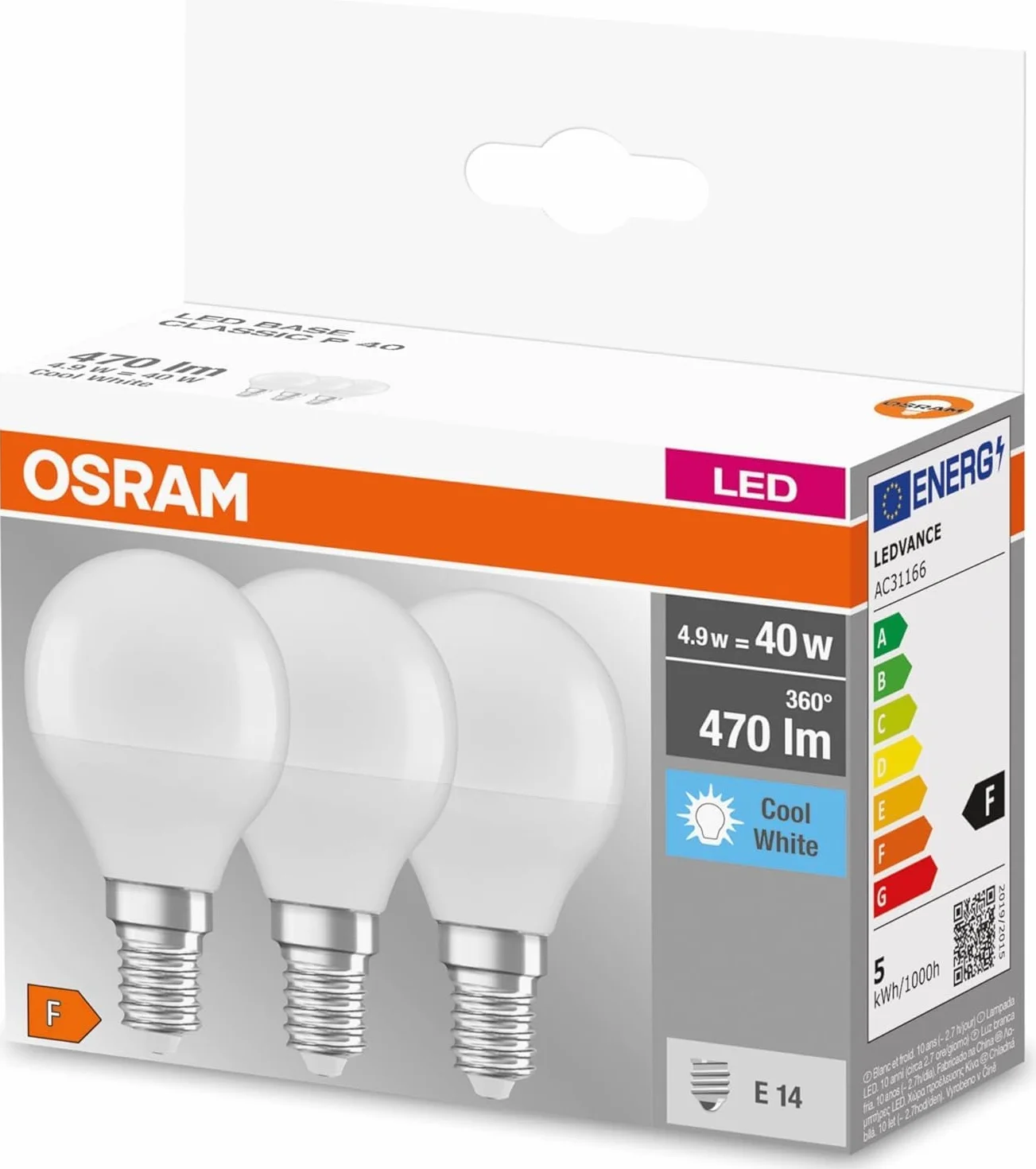 OSRAM LED BASE Classic P40, żarówki LED z matowym żarnikiem w szkle na trzonek E14, kształt świecy, chłodna biel (4000K), 470 lumenów, zastępują tradycyjne żarówki 40W, pudełko 3 szt.