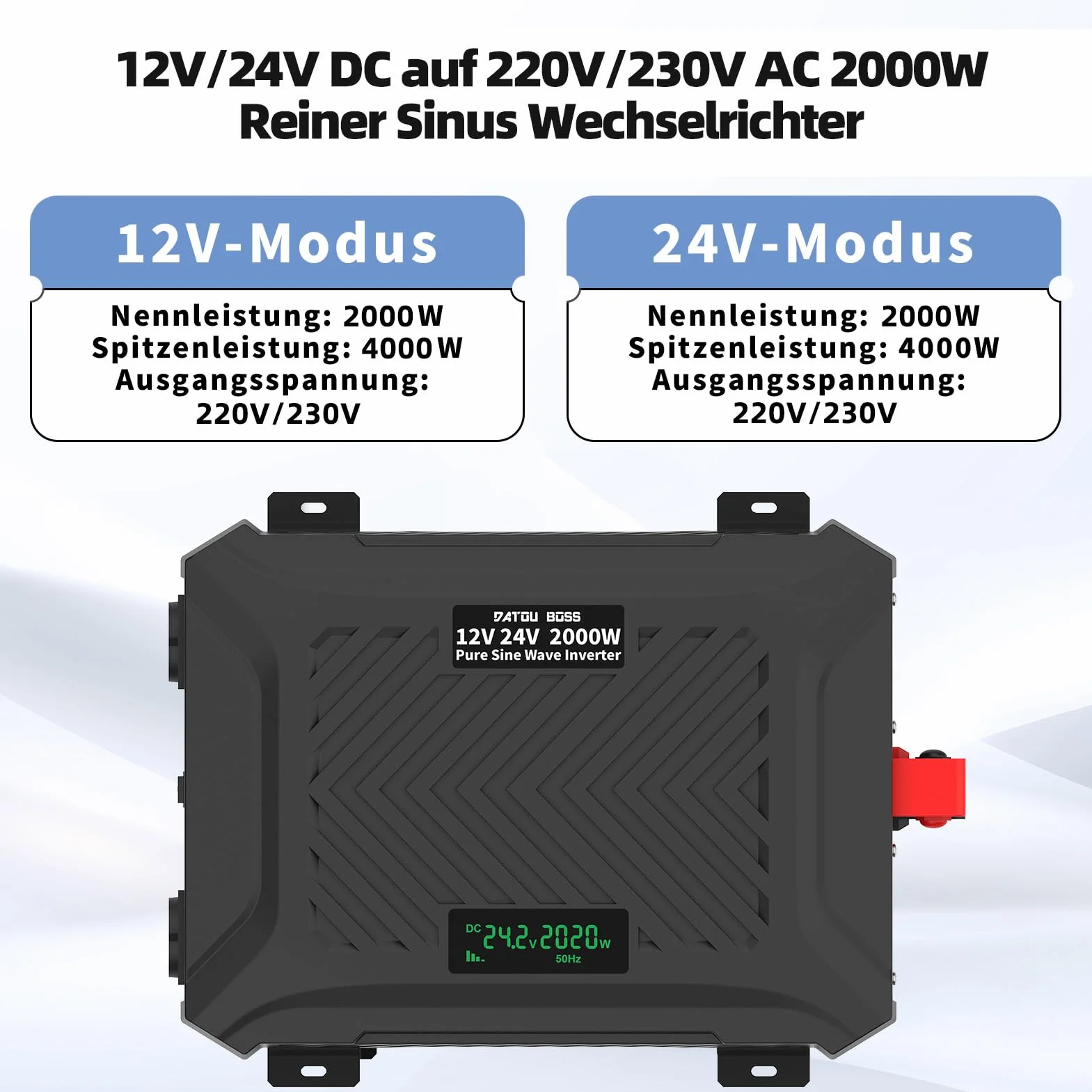 DATOUBOSS Przetwornica napięcia 12V/24V na 230V 2000W/4000W Czysta Sinusoida z Wyświetlaczem LCD