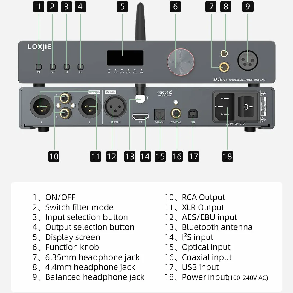 LOXJIE D40 Pro, dekoderowy wzmacniacz słuchawkowy, ES 9039MS Pro Chip, MQA Full dekoder, obsługa transmisji DSD, OPA1612, XU-316, Bluetooth 5.0, z pilotem zdalnego sterowania