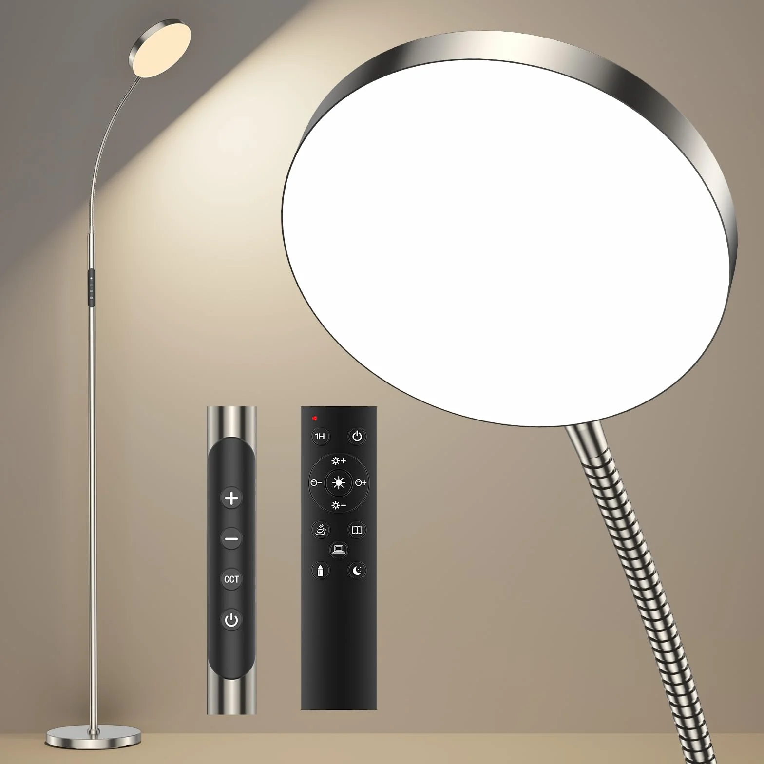 NOVA Lampa stojąca LED | Dimmowana lampa stojąca do salonu z pilotem | 4 temperatury barwowe & 4 poziomy jasności (Koloru Niklu)