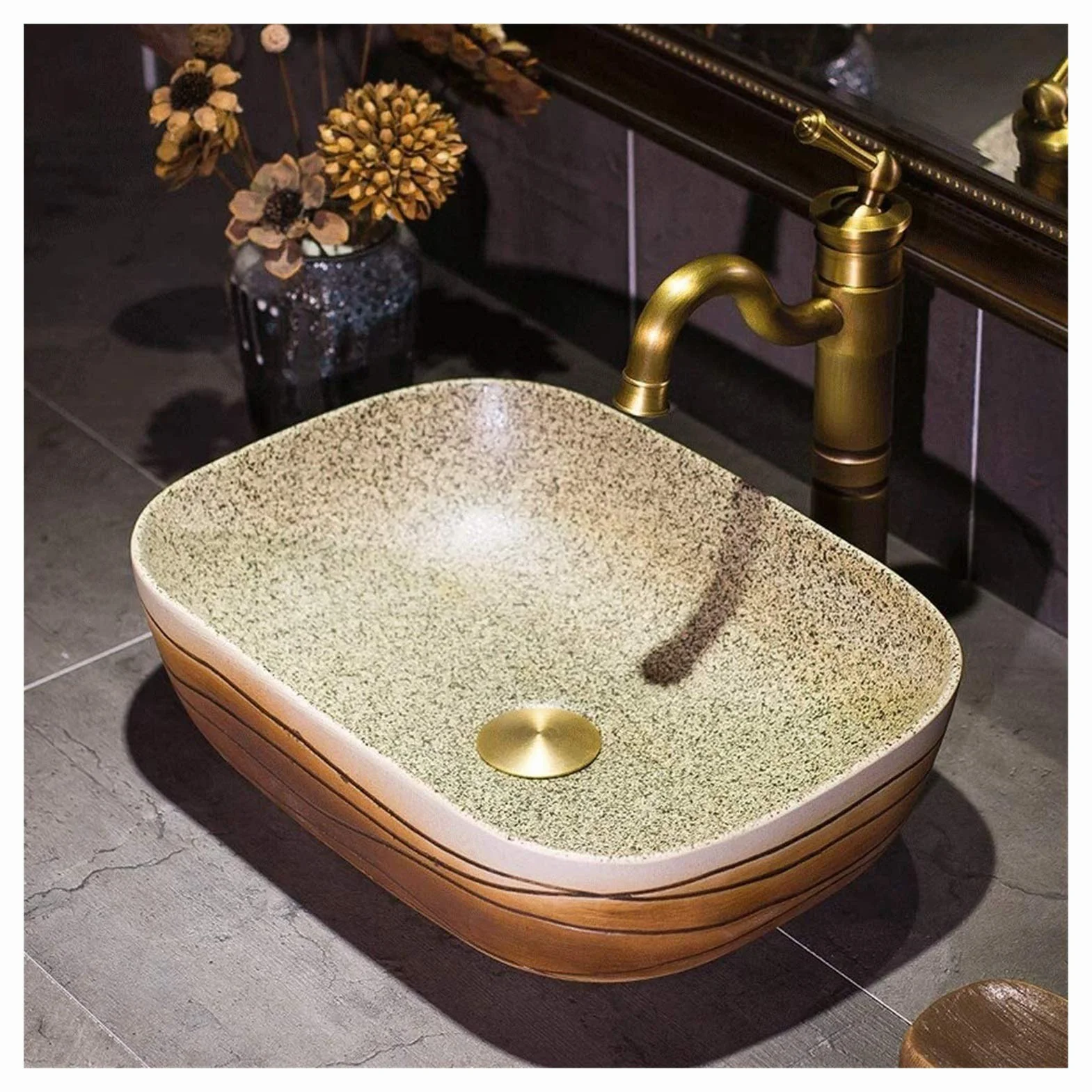 Szafka Pod Umywalkę Z Umywalką, Umywalka Nablatowa, Umywalka Nablatowa 16" W Stylu Vintage, Prostokątna, Porcelanowa, Ceramiczna, Umywalka Nablatowa